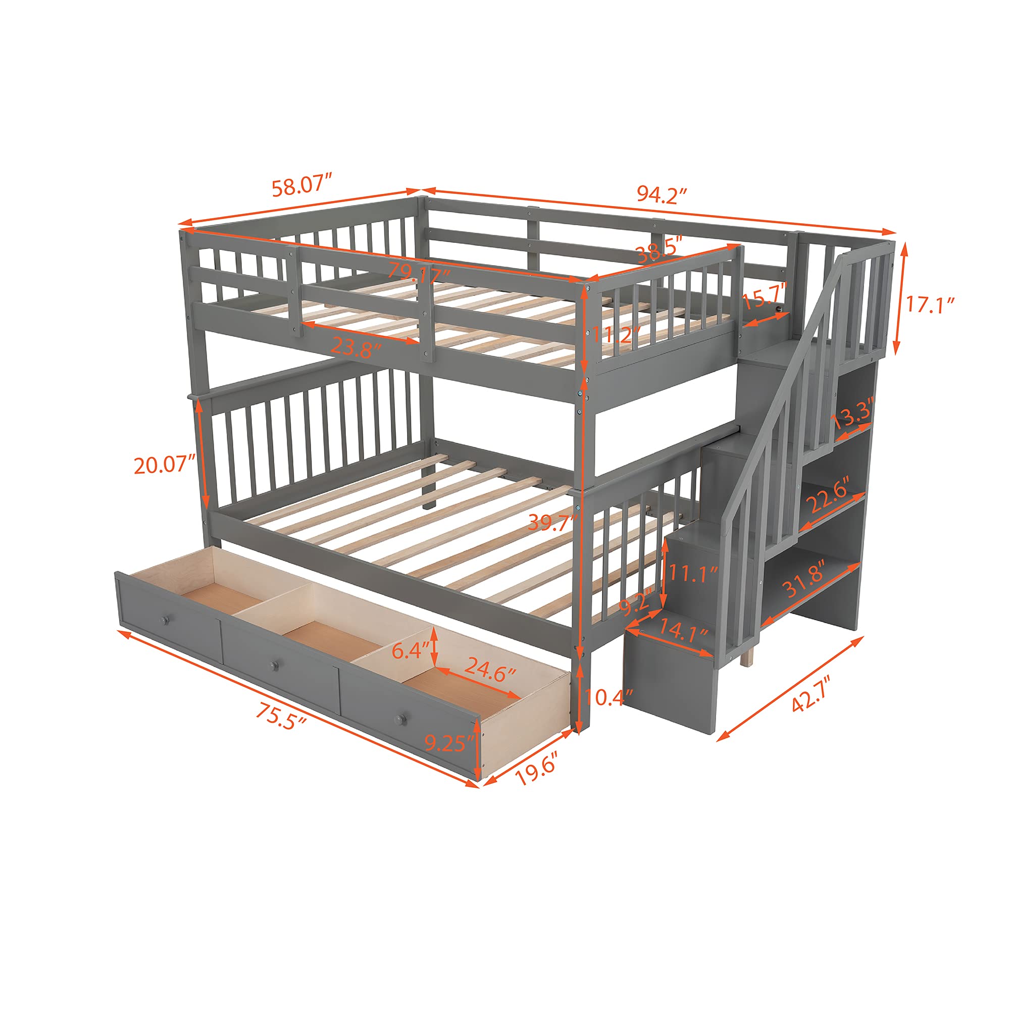 Harper & Bright Designs Full Over Full Bunk Bed with Stairs & Storage Drawers - Solid Wood Twin Bunk Bed for Kids, Teens & Adults - Space Saving Bedroom Furniture for Small Rooms & Shared Kids' Rooms (Grey)