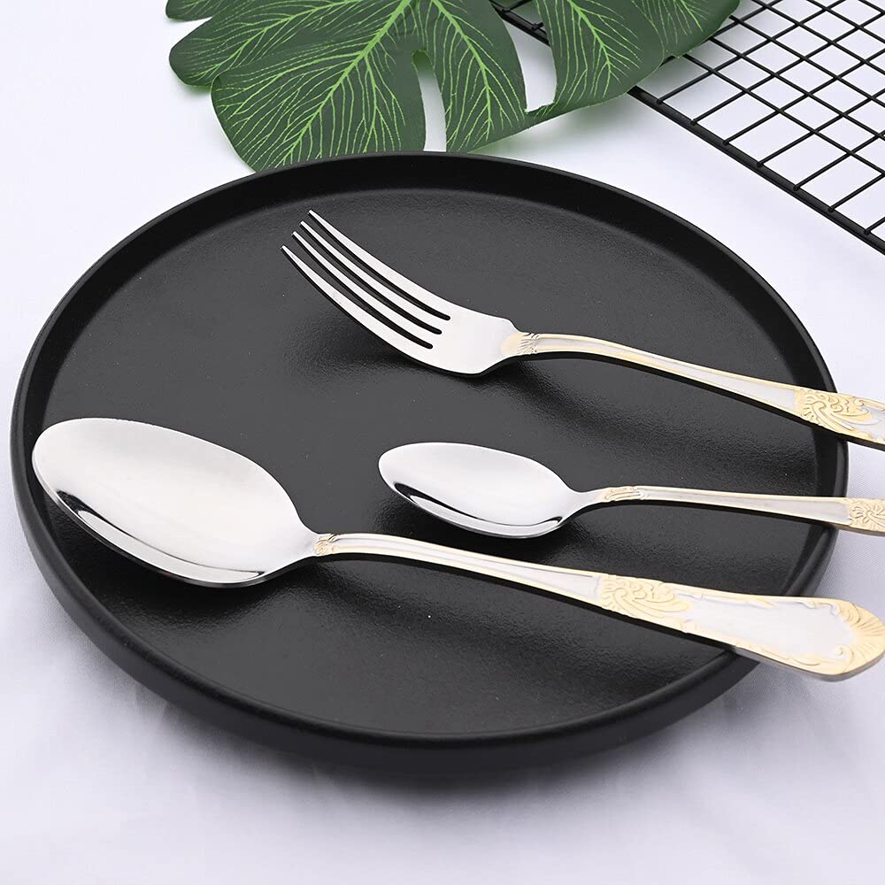 32-Piece Gold Stainless Steel Flatware Set - Knife, Fork & Spoon Cutlery for Dinner - Elegant Tableware for Home, Restaurant & Party Use - BY ZZYY (Gold)
