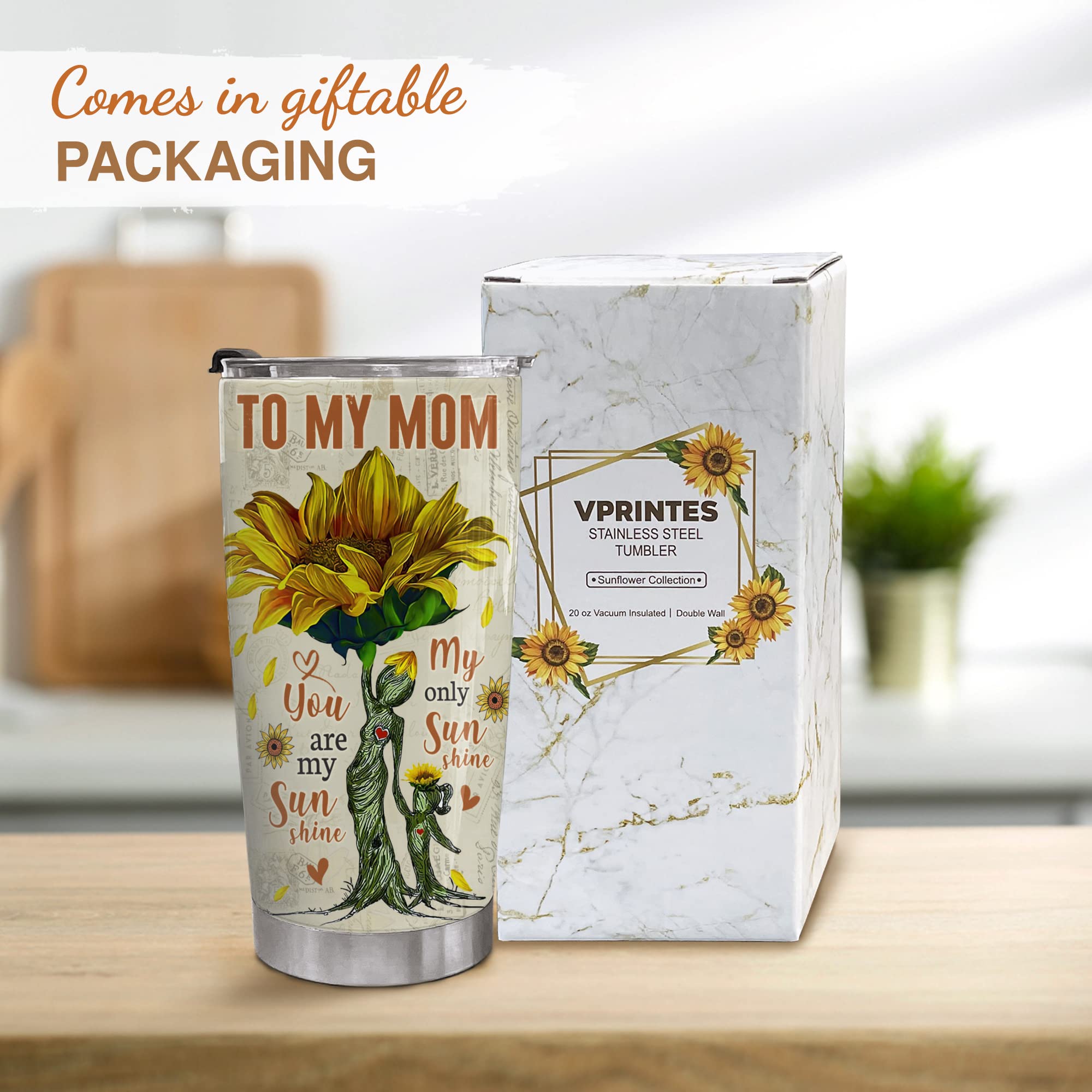 20oz Stainless Steel Tumbler with Sunflower Design - Perfect Gift for Mom from Daughter - Birthday, Christmas & Valentine's Day Present - Ideal for Coffee, Tea & Cold Drinks at Home, Office or Travel