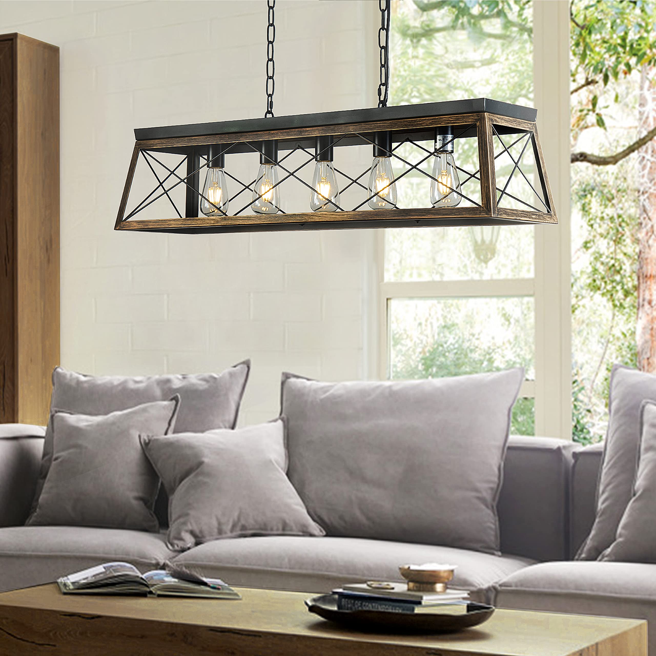 Modern Farmhouse 5-Light Rectangular Chandelier - Rustic Solid Wood Dining Room Pendant Light - Matte Black Industrial Geometric Kitchen Island Lighting - Perfect for Farmhouse, Dining Table, and Kitchen Decor