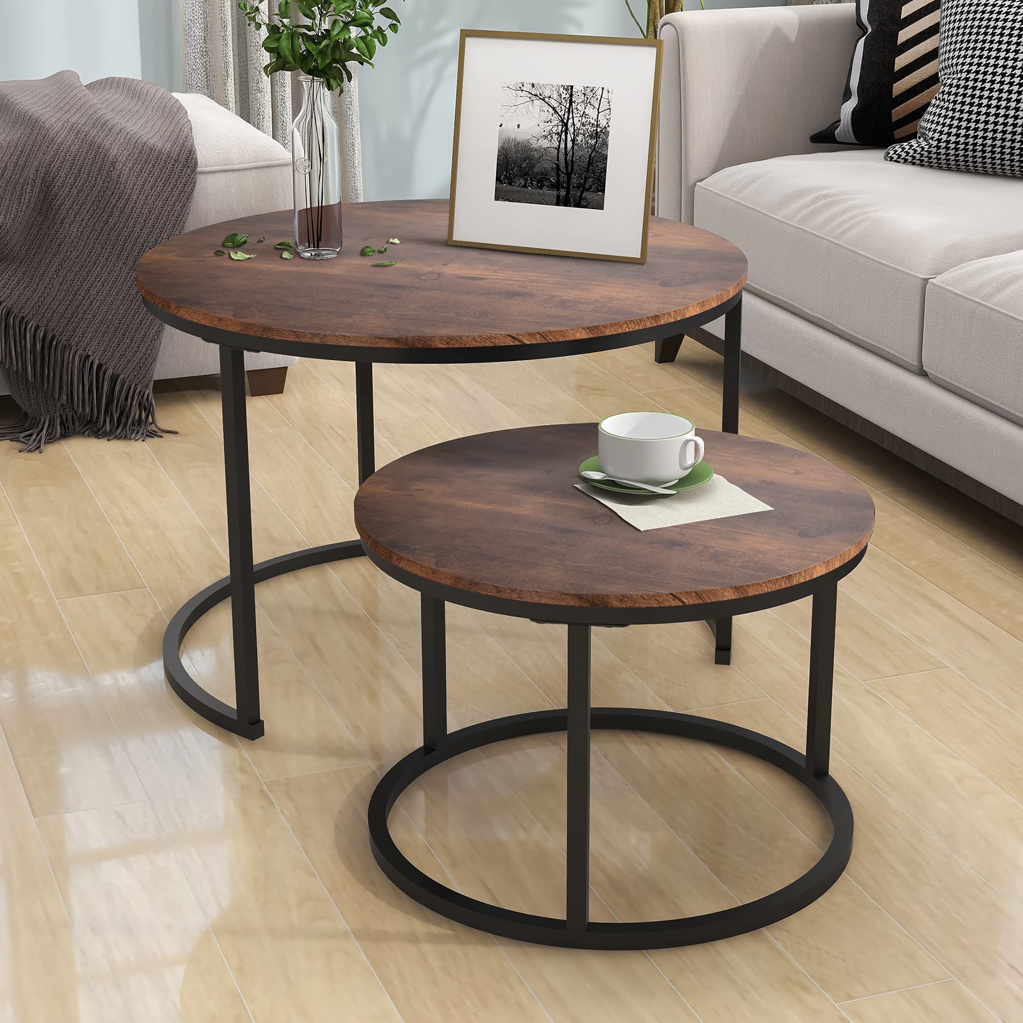 Industrial Round Coffee Table Set of 2 - Wood Look End Tables with Metal Frame for Living Room - Stackable Side Tables, Sturdy & Easy Assembly - Black & Rustic Brown - Perfect for Small Spaces, Home Decor, and Modern Interior Design