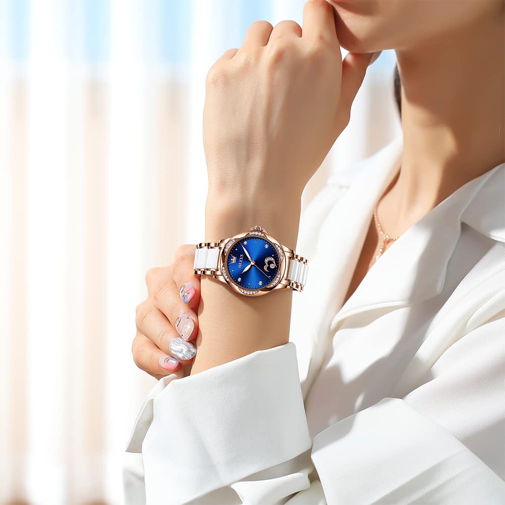 OLEVS Women's Automatic Watch - Luxury Large Face Diamond Accented Self-Winding Dress Watch with Two-Tone Stainless Steel & Ceramic Bracelet | Waterproof Ladies Watch for Business, Party & Everyday Wear