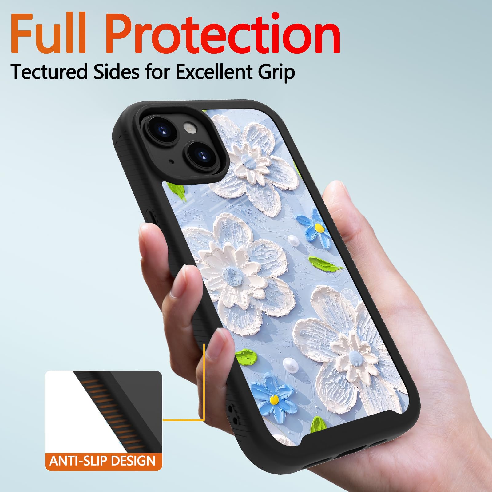 DOWINTIGER Heavy Duty Shockproof iPhone 14/13 Case for Women - Blue Oil Painting Floral Design, Dual Layer Rugged Protective Cover with Full Body Protection | Perfect for Outdoor Activities, Work & Daily Use