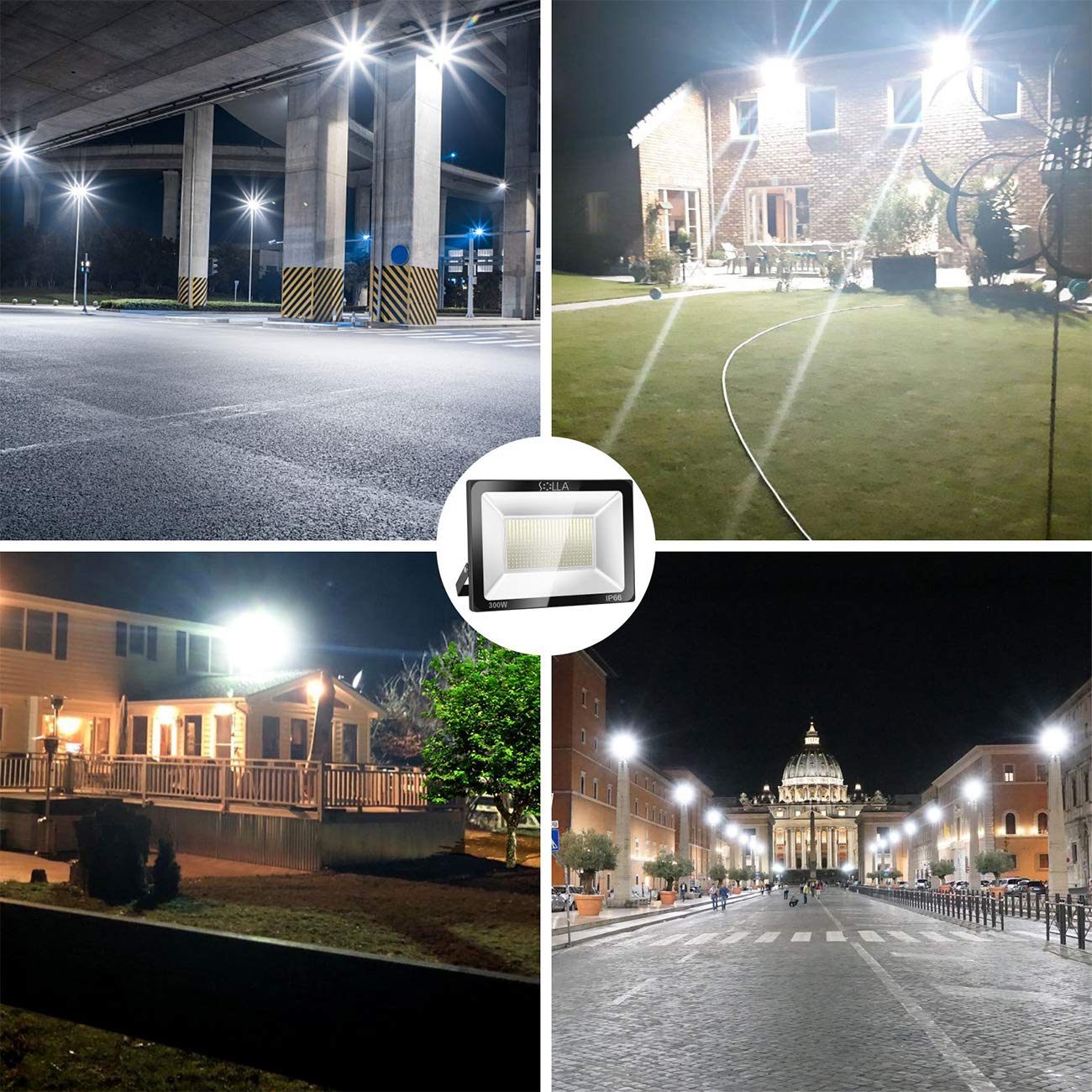 SOLLA 300W LED Flood Light - IP66 Waterproof, 24000 Lumens Super Bright (1600W Equivalent) - 6000K Daylight White Outdoor Security & Landscape Lighting for Parking Lots, Stadiums, Warehouses & Backyards