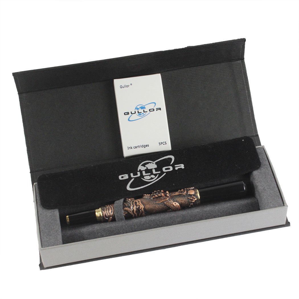 Gullor Chinese Dragon Copper Basso-Relievo Fountain Pen Set - Premium Engraved Calligraphy Pen with Gift Box & 5 Color Ink Cartridges - Perfect for Writing Enthusiasts, Collectors, and Special Occasion Gifts