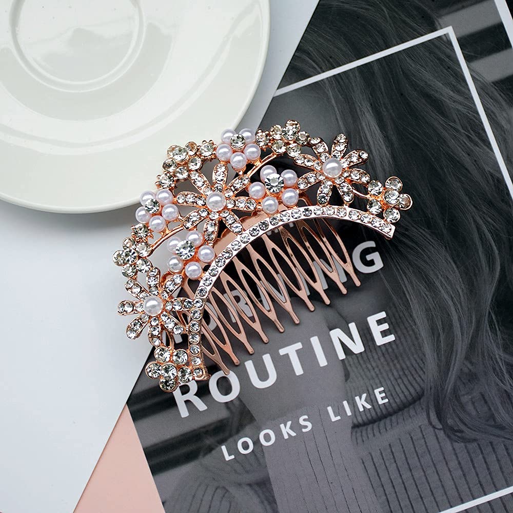 Rose Gold Bridal Hair Combs with Pearls & Rhinestones - 4pc Set for Weddings & Parties