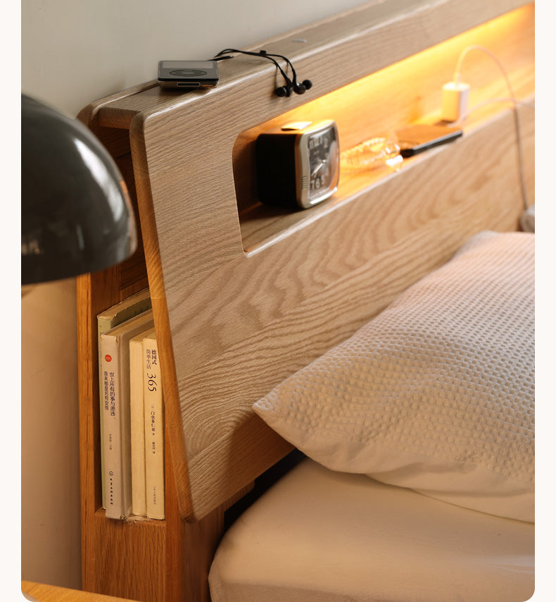 Solid Oak and Beech Wood Bed with Built-in LED Lights and Bookshelf - Modern Bedroom Furniture for Small Spaces, Lofts, and Studio Apartments