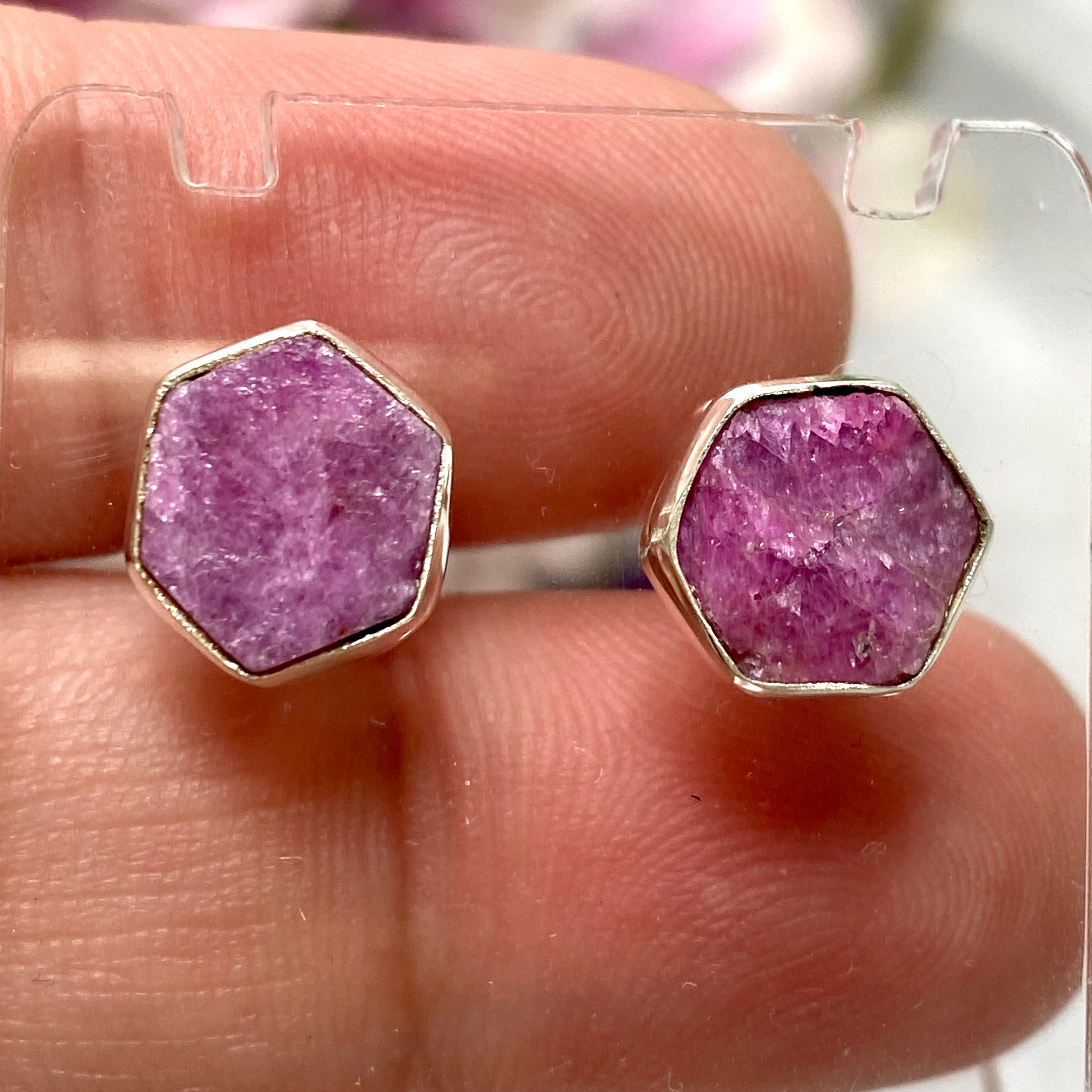 Natural Ruby Raw Hexagonal Stud Earrings KEGJ1255 - Elegant Handmade Jewelry for Women, Perfect for Weddings, Parties & Daily Wear