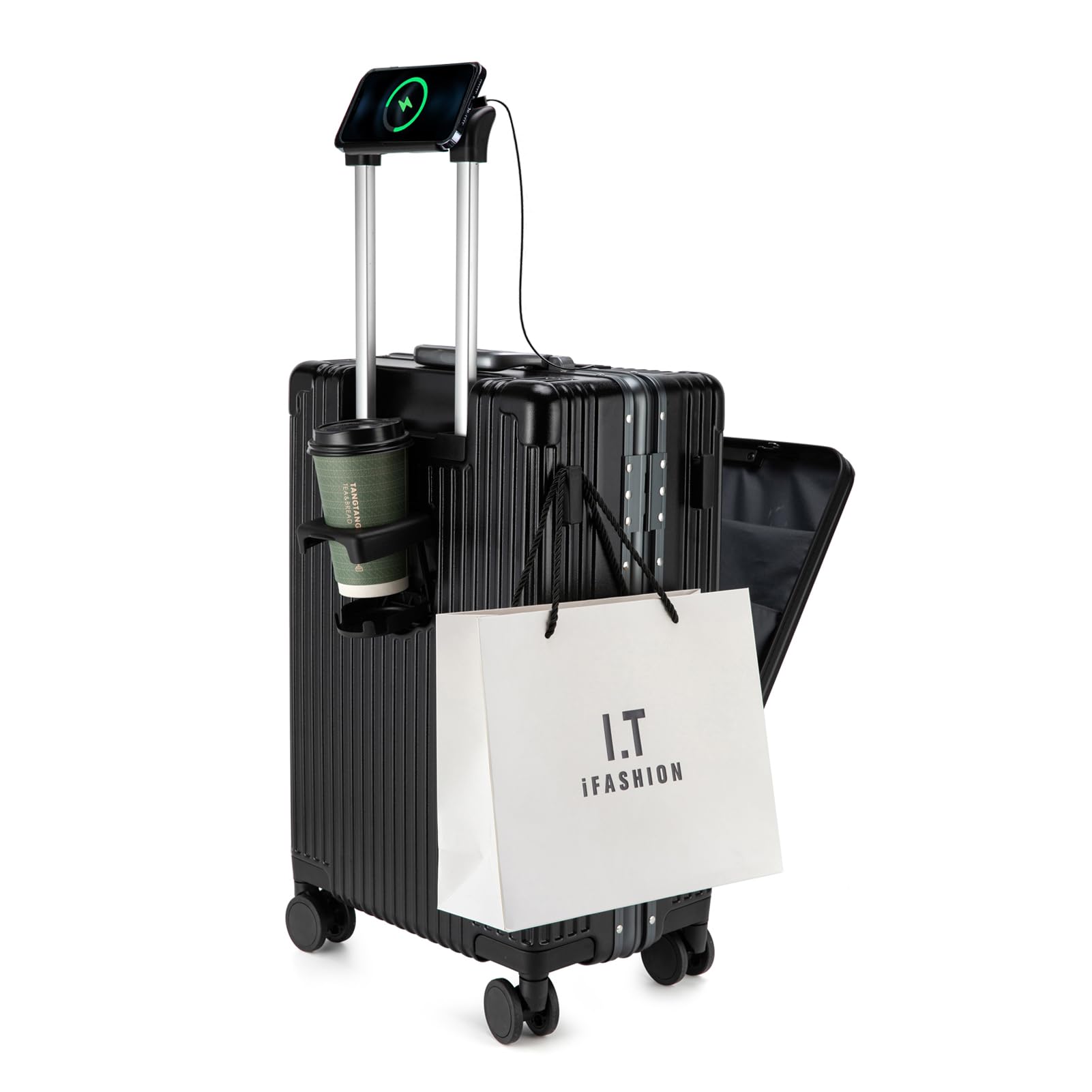Feilario 24-Inch Aluminum Frame Hardshell Spinner Luggage - TSA Approved Carry-On Suitcase with Built-In Lock, USB Charging Port, Cup Holder & Phone Pocket | Perfect for Business Travel, Weekend Getaways & Airplane Trips