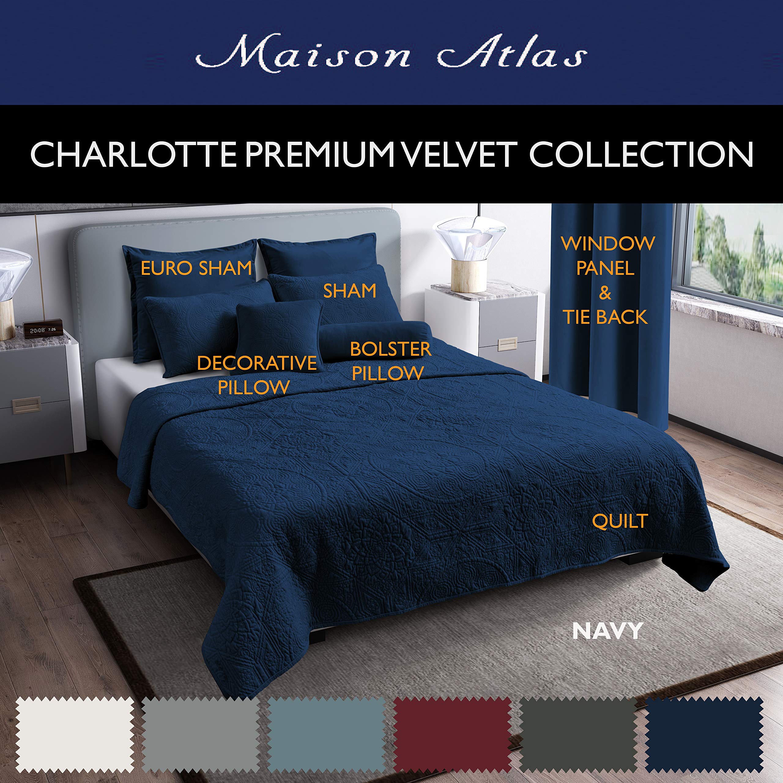 Premium Velvet Quilt - Charlotte Collection with Cotton Backing & Batting - King Size Navy Blue - Luxurious Bedding for Cozy Nights & Elegant Bedroom Decor