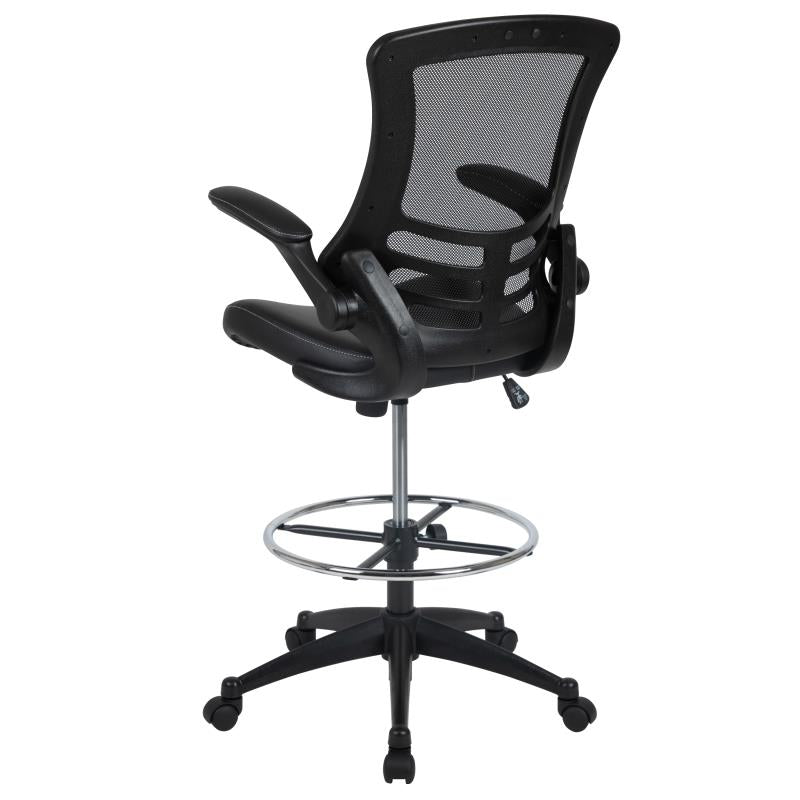 Kelista Mid Back Black Mesh Ergonomic Drafting Chair with LeatherSoft Seat - Adjustable Foot Ring & Flip-Up Arms - Perfect for Architects, Designers & Home Office Workspaces