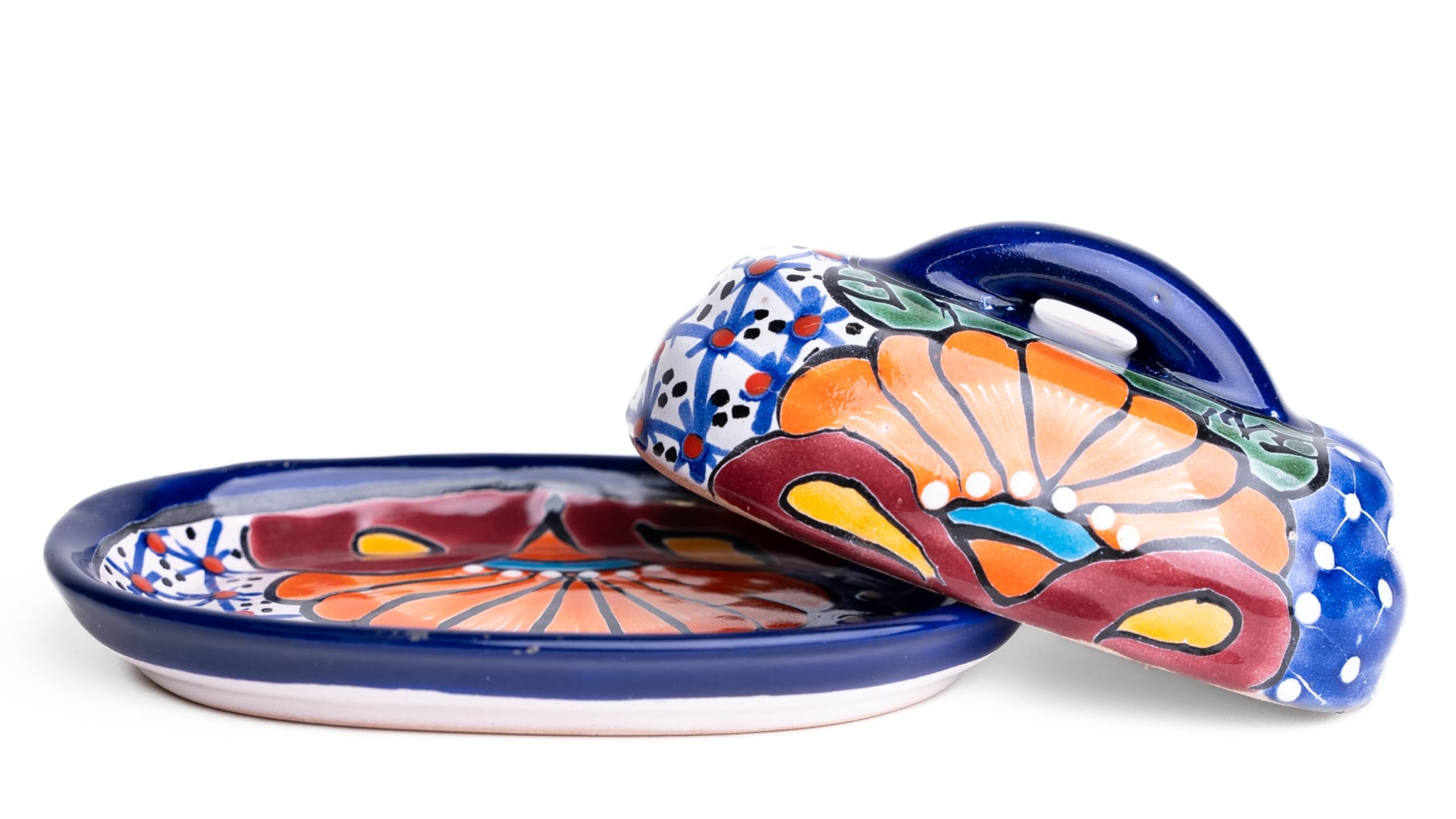 Hand-Painted Authentic Mexican Talavera Ceramic Butter Dish with Lid - Floral Design Kitchen Decor for Dining Table & Breakfast Buffet (Blue)