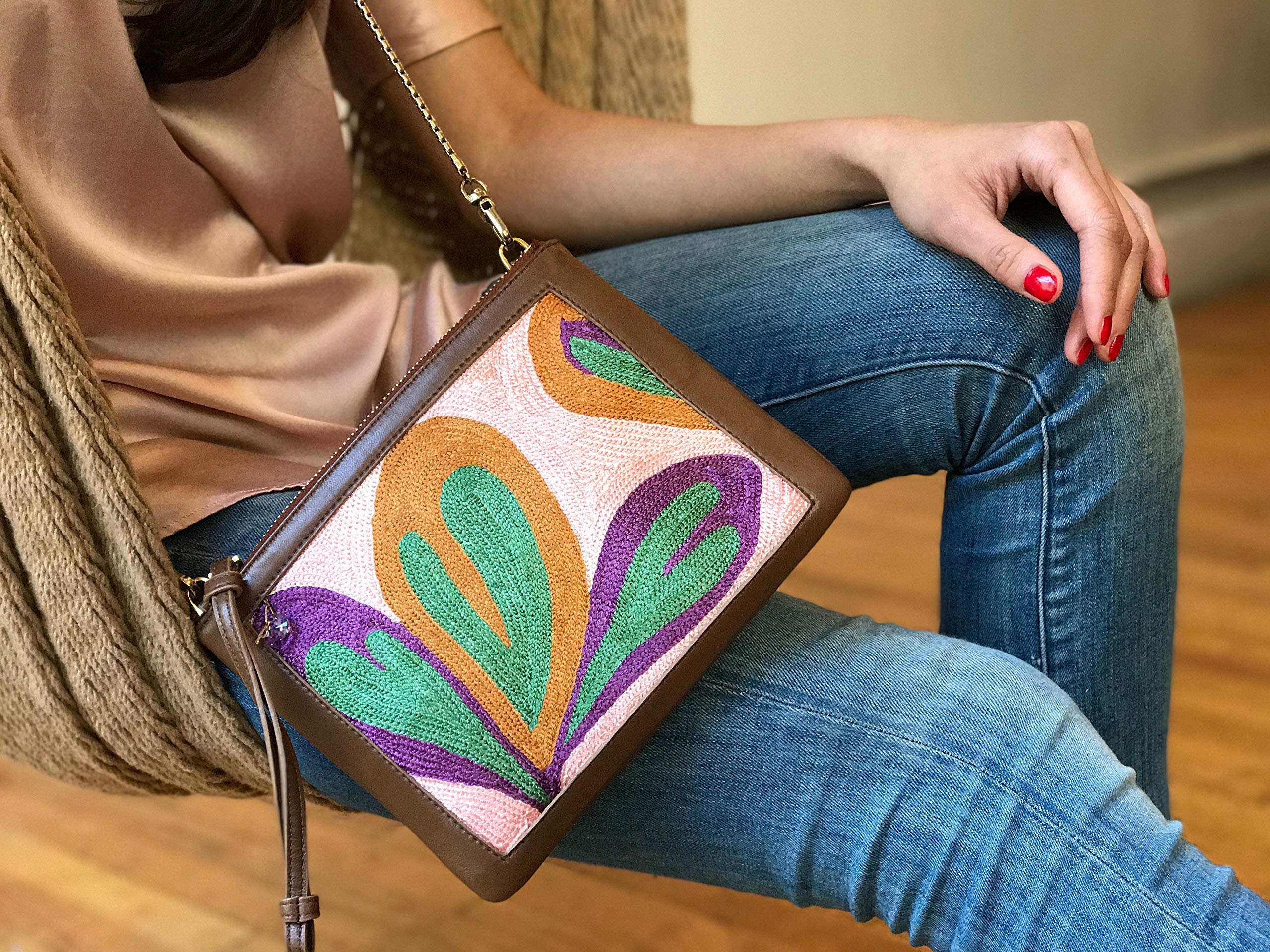 Handmade Leather Crossbody Bag for Women - Elegant Hand-Embroidered Clutch Purse with Wallet | Fashionable Shoulder Bag for Daily Use, Date Night & Special Occasions