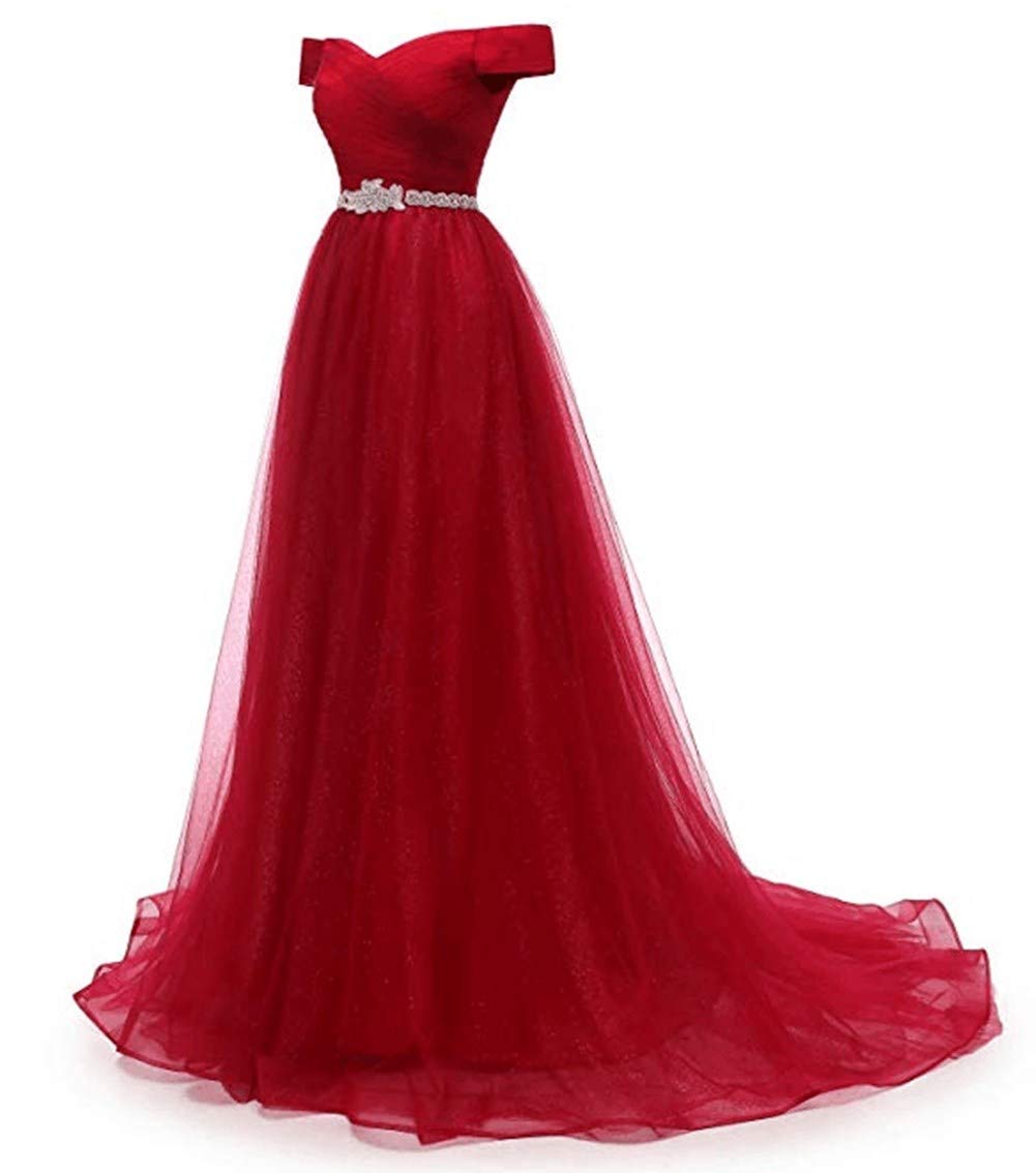 Emanni Women's Off Shoulder Long Prom Dress A Line Tulle Evening Gown - Burgundy Red Formal Party Dress for Homecoming, Wedding, Quinceañera & Special Occasions
