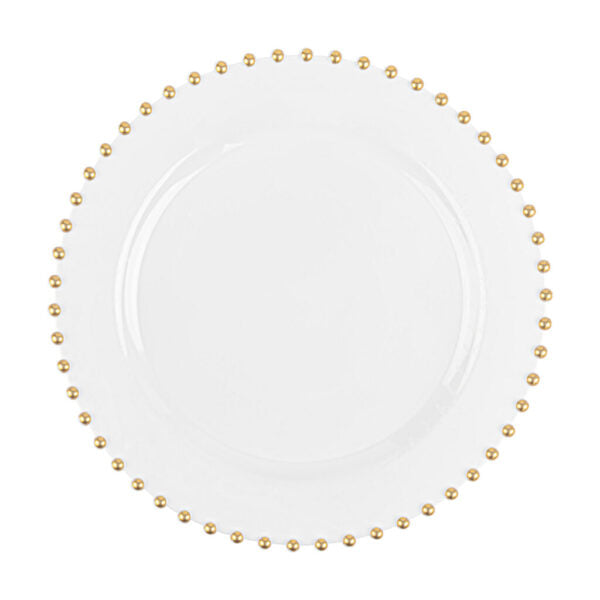 32-Pack White and Gold Round Plastic Dinnerware Set for 16 Guests - Elegant Beaded Design - Perfect for Weddings, Parties, and Special Events