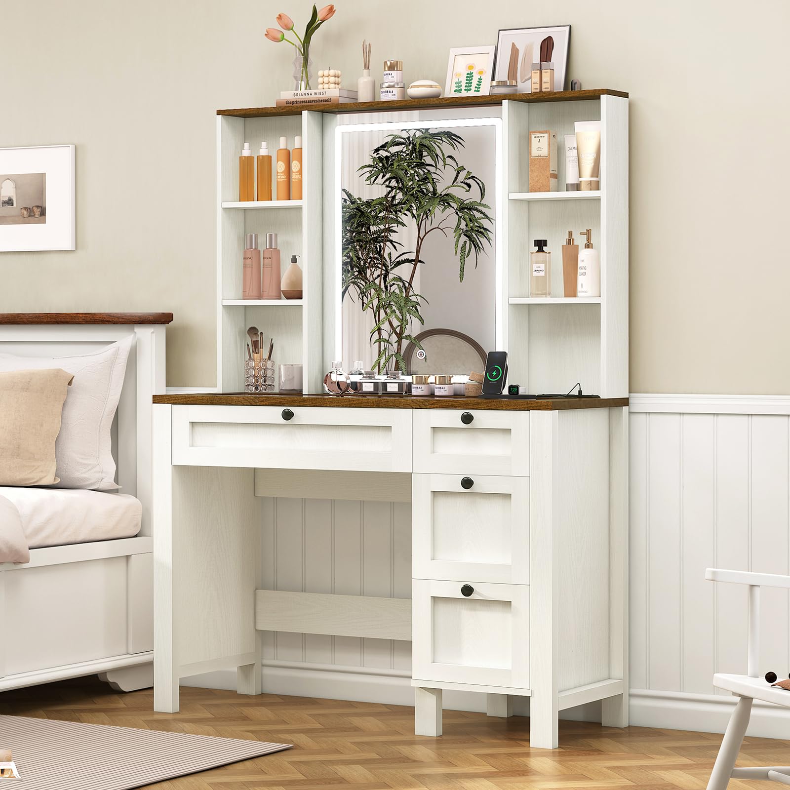 Antique White Vanity Desk with Mirror, Lights & Power Outlet - Makeup Vanity Set with Glass Tabletop, 4 Drawers & 6 Shelves - Perfect for Bedroom, Dressing Room & Beauty Salon Organization