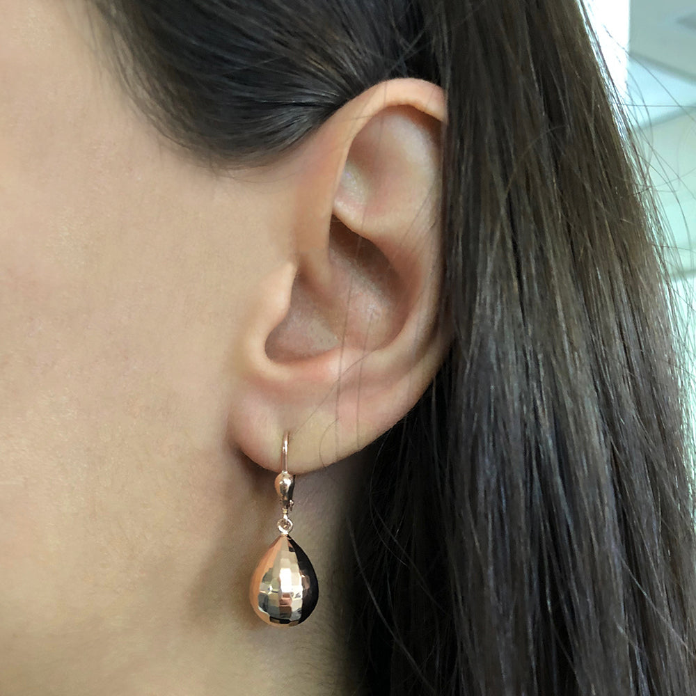 9ct Rose Gold Diamond Cut Hook Tear Drop Earrings for Women - Elegant Dangle Earrings for Party, Wedding & Special Occasions