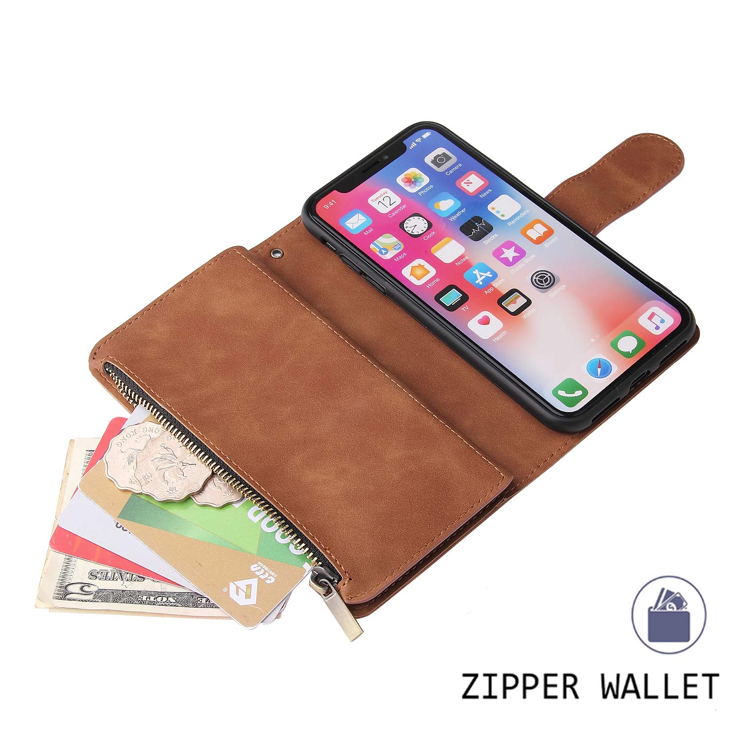 UEEBAI PU Leather Wallet Case for iPhone XR - Magnetic Closure, Zipper Pocket, Kickstand & Card Slots with Hand Strap | Women's Flip Phone Purse in Brown | Perfect for Shopping, Travel & Everyday Use