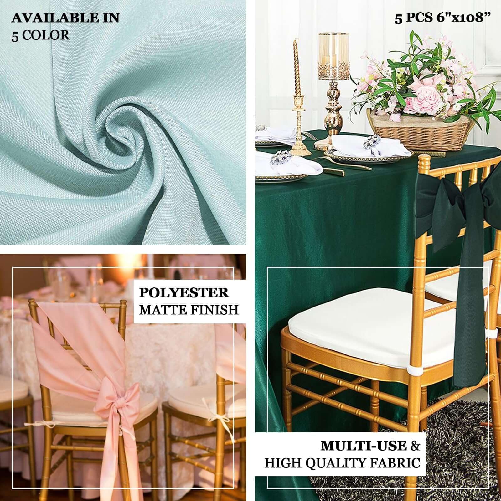 Efavormart 5-Pack Light Blue Polyester Chair Sashes - Wedding Chair Bows & Tie Sashes for Bridal Showers, Banquets, and Party Decorations (6x108 Inches)