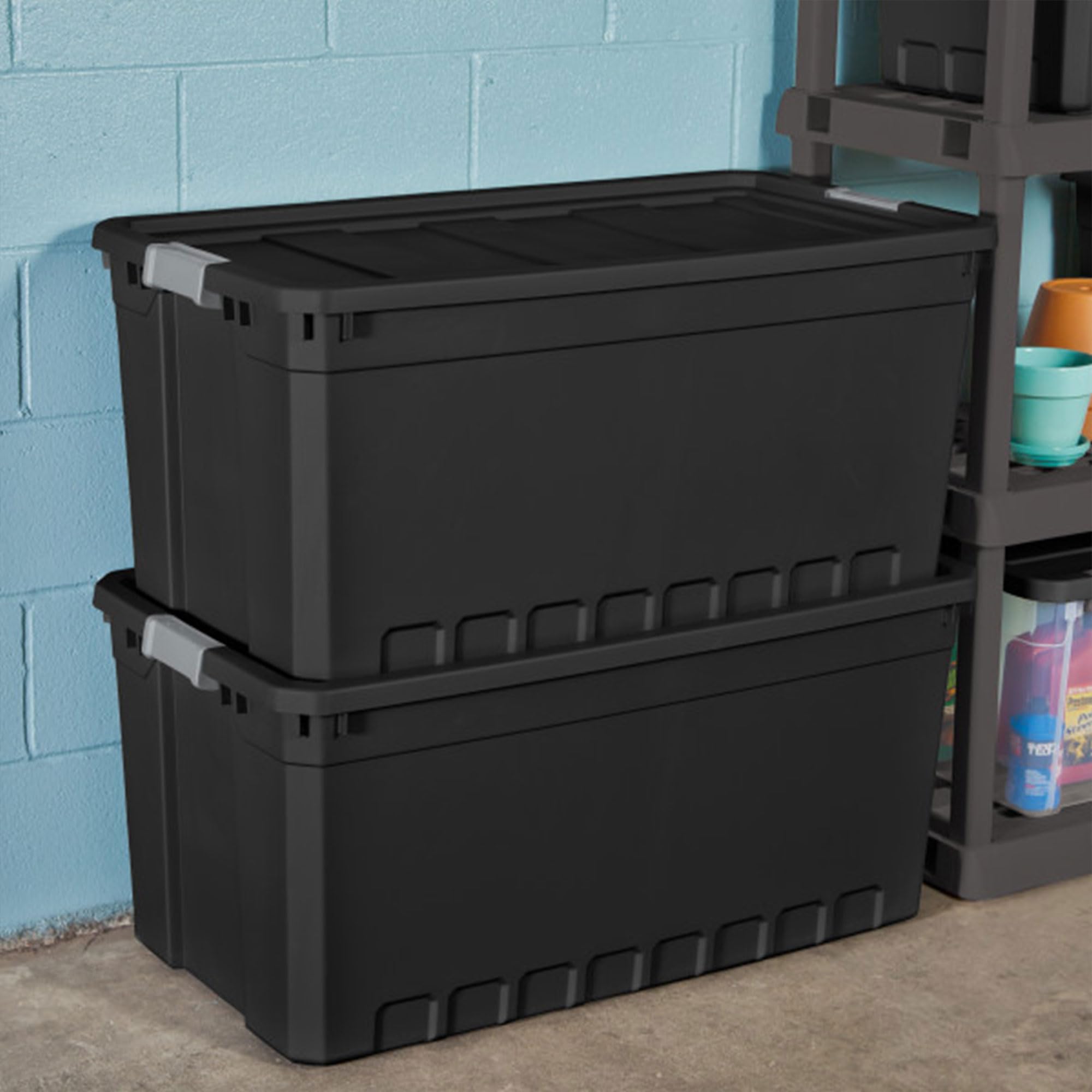 Sterilite 6-Pack 50 Gallon Black Plastic Storage Bins with Lids - Stackable Organizing Containers for Home, Garage & Office Storage Solutions