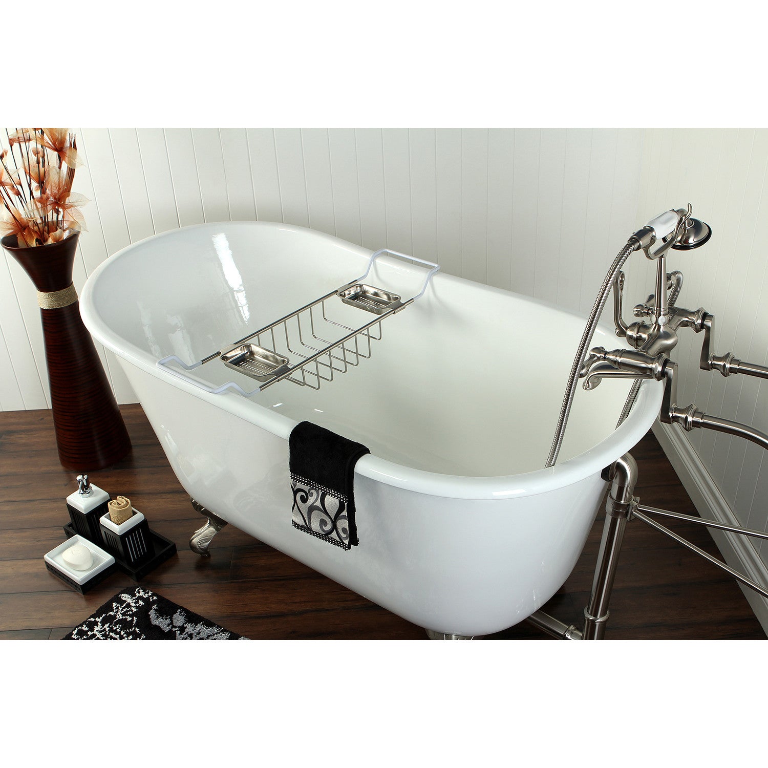 Aqua Eden 53 Inch White Cast Iron Clawfoot Bathtub - Oval Single Slipper Tub with Brushed Nickel Feet | Vintage Freestanding Soaking Tub for Bathroom Remodel & Spa Relaxation