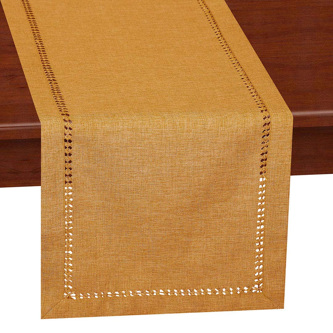 Handcrafted Mustard Gold Solid Color Dining Table Runner - Double-Hemstitched Dresser Scarf for Home Decor (14 x 36 Inches) - Perfect for Holiday Dinners, Wedding Decor & Buffet Table Styling