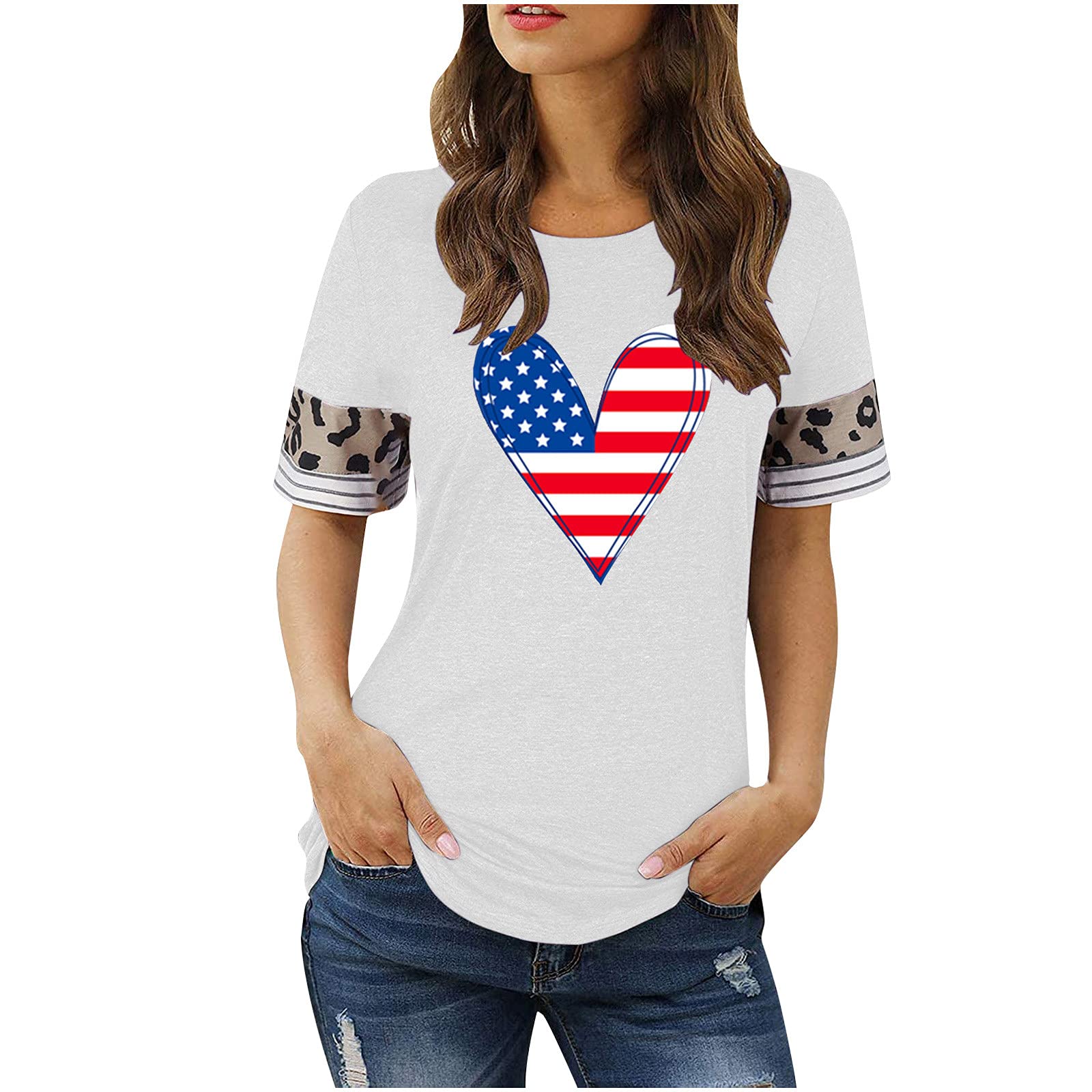 Trendy Patriotic Women's T-Shirts - Striped & Leopard Print O-Neck Short Sleeve Casual Tops for Summer | Perfect for 4th of July, BBQ Parties & Everyday Wear