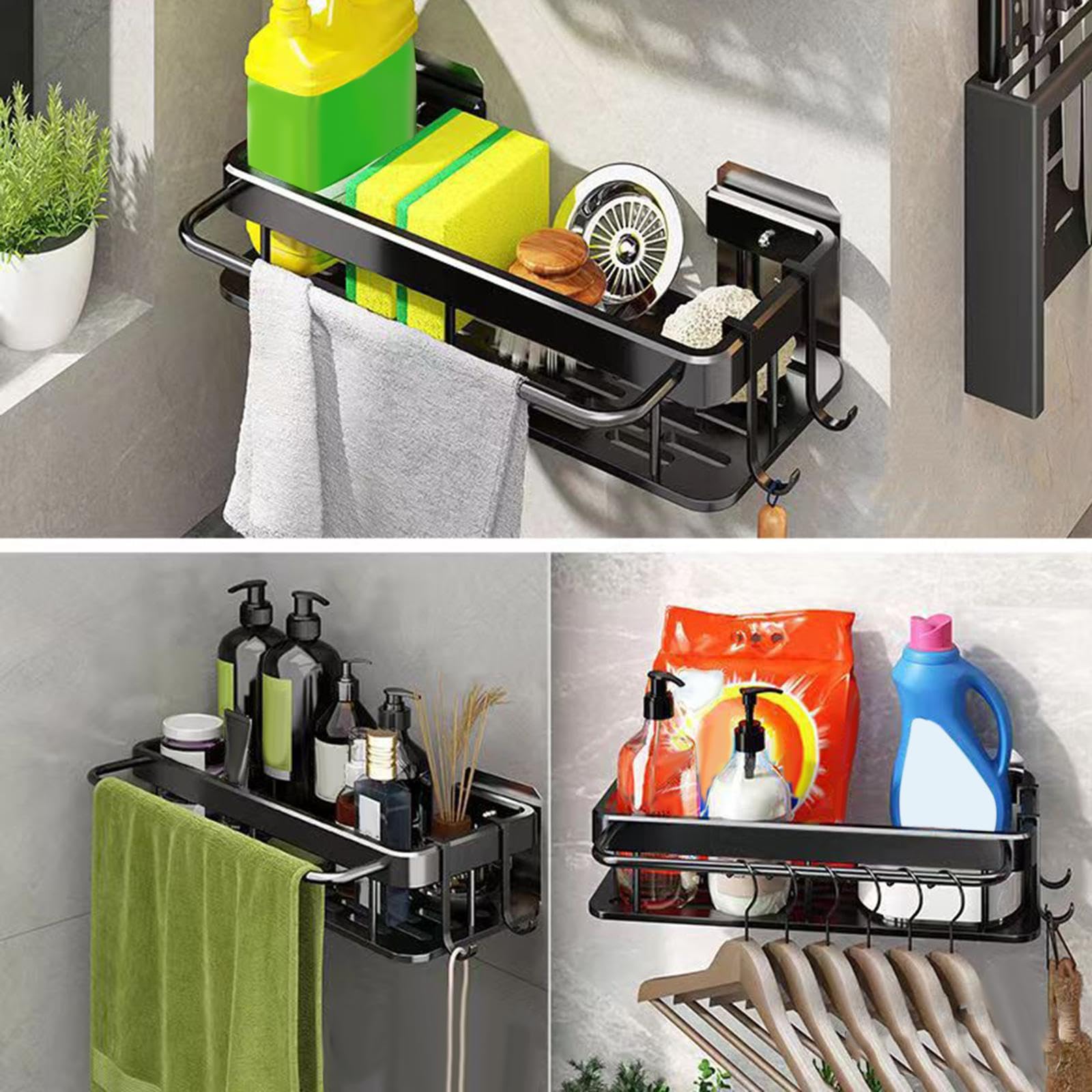 CALANDIS® Black Kitchen Sink Organizer with 2 Hook Shelves - Space Saving Sink Counter Organizer for Sponges, Soap & Utensils - Easy Installation Included - Perfect for Small Kitchens & Apartments