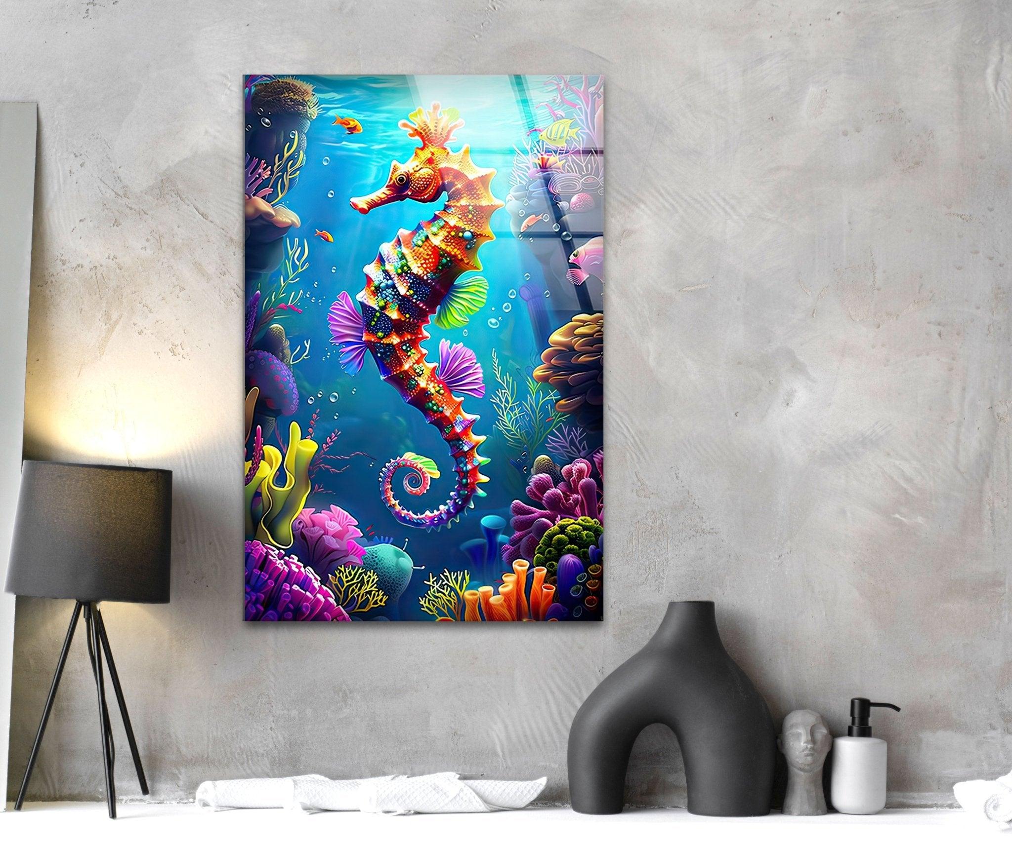 3D Cartoon Seahorse Glass Wall Art - Handmade Sea Horse Decor for Living Room, Bedroom, Bathroom - Unique Ocean Themed Gift for Home & Office Decoration
