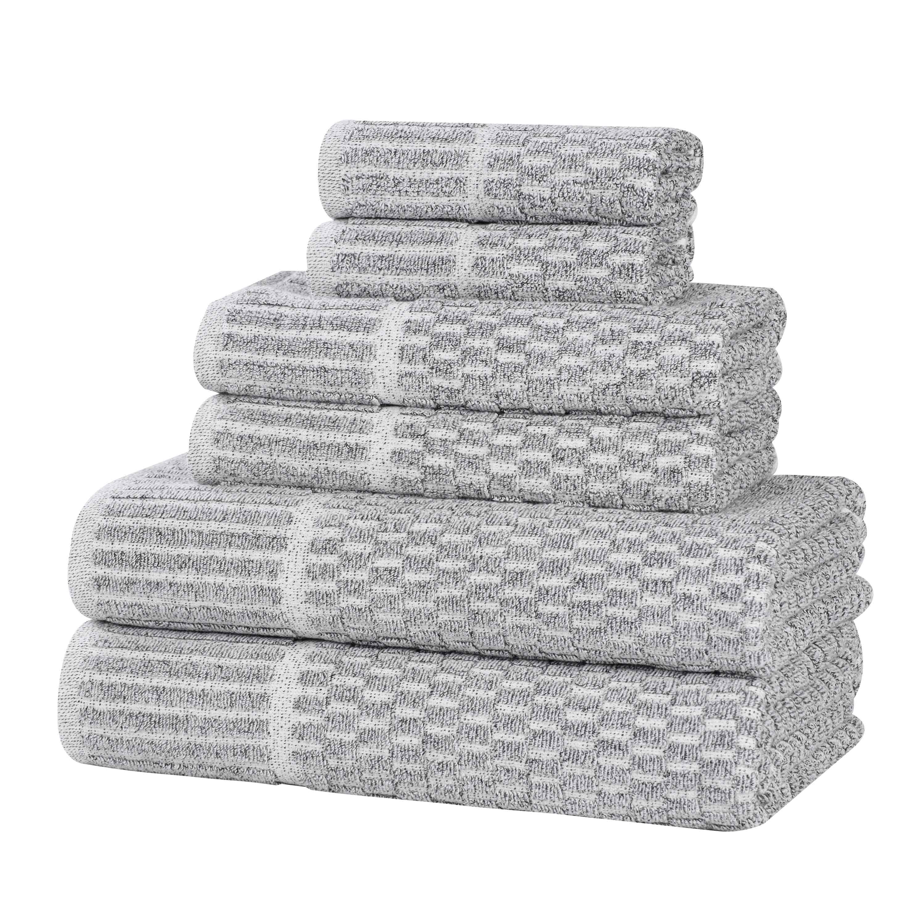 Premium 6-Piece Cotton Blend Checkered Border Towel Set - Medium Weight, Soft & Absorbent - Perfect for Bathroom, Kitchen & Guest Use