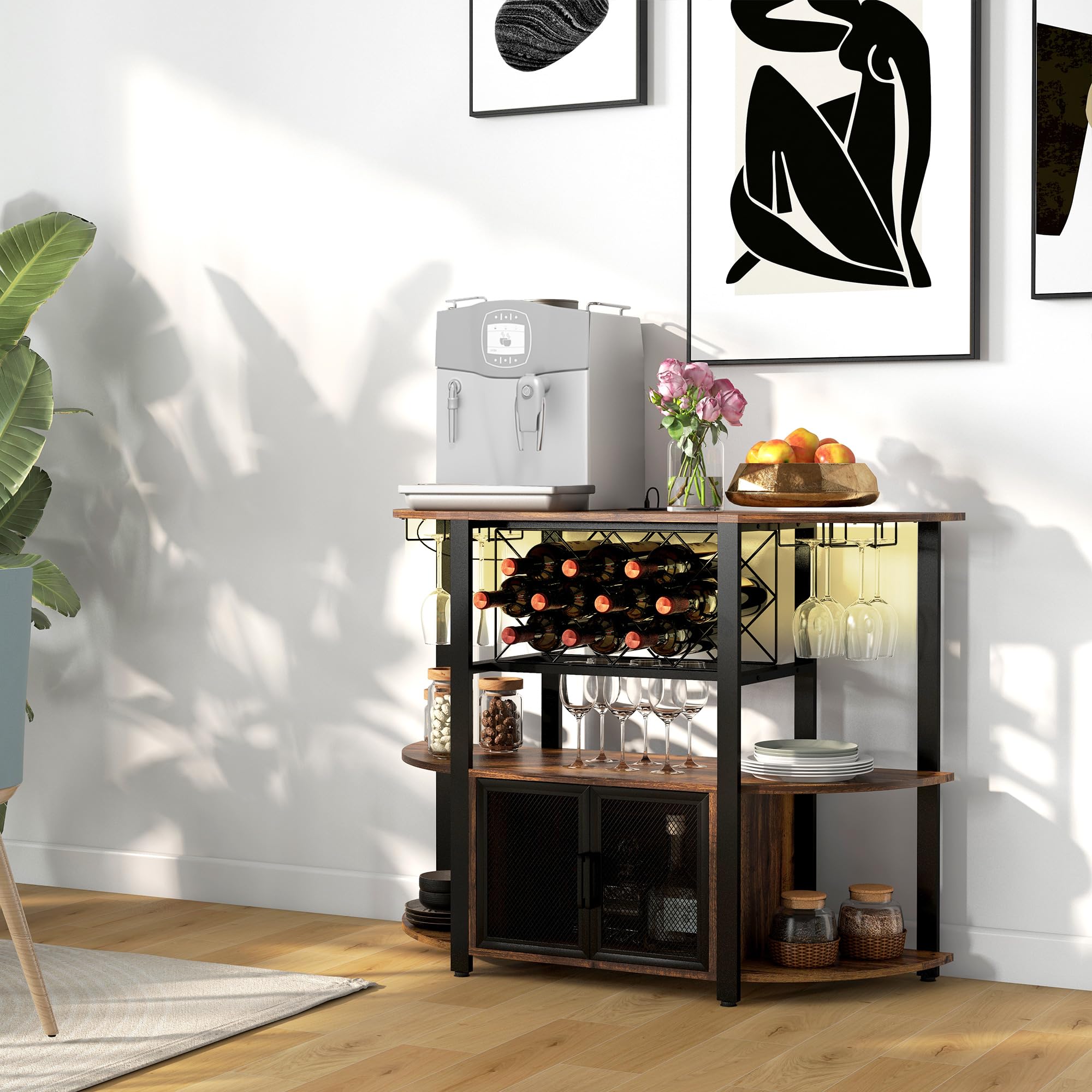 HOMCOM Industrial Wine Bar Cabinet with USB Charging Station, LED Lights & 10-Bottle Rack - Rustic Brown Liquor Storage with Glass Holders, Mesh Doors & Open Shelves - Perfect for Home Bars, Man Caves & Entertaining Guests
