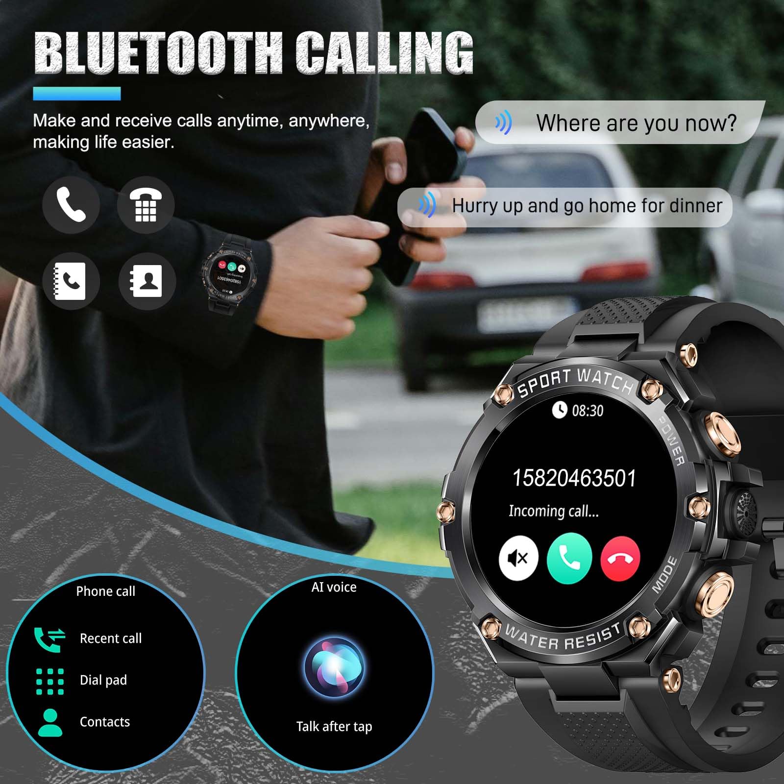 Military Tactical Smartwatch for Men - 800mAh Long Battery Life, Bluetooth Call Notifications, 1.5