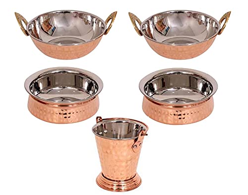 Premium Stainless Steel & Copper Cookware Set - 2 Handi Pots, 2 Kadai Pans & 1 Balti Bucket for Indian Cooking | Traditional Kitchen Utensils for Curry, Biryani & Stews | Ideal for Home Chefs & Restaurant Use