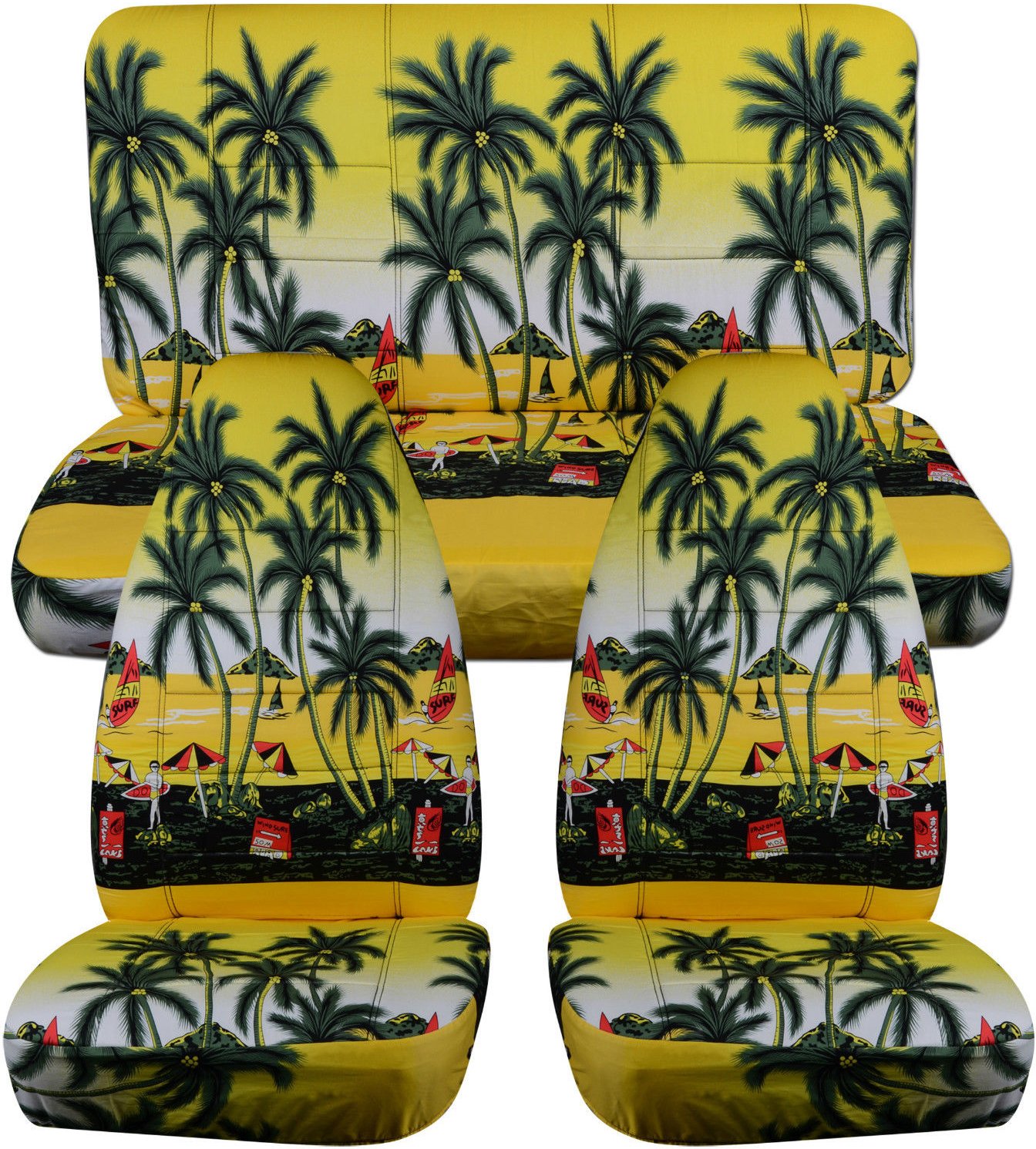 1997-2006 Jeep Wrangler TJ Hawaiian Seat Covers Full Set - Yellow Palm Tree Design for Front & Rear Seats (2-Door) | Durable & Stylish Upgrade for Beach Trips & Summer Adventures