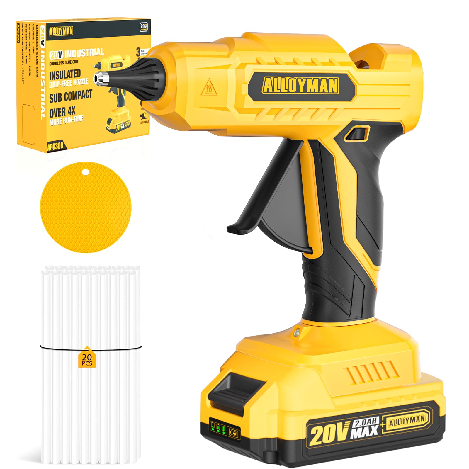Alloyman 20V Cordless Hot Glue Gun - Fast Heating, Drip-Free with LED Light & 20 Full Size Glue Sticks - Perfect for Arts, Crafts, DIY Gifts, Home Repairs & School Projects