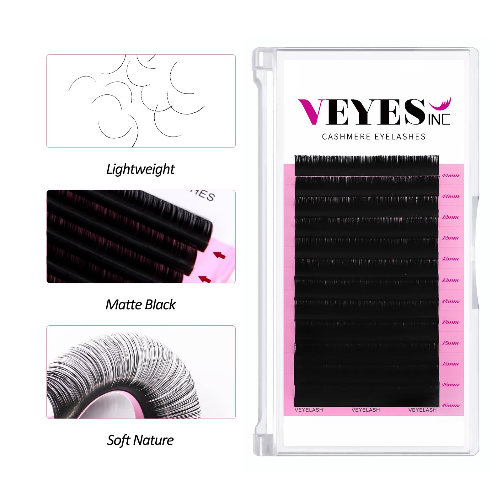 VEYES INC Professional Cashmere Volume Lash Extensions - 0.03-0.20mm Thickness, 5-25mm Length, CC/D/DD/LD/L/B/J/M Curl Styles - Super Matte Black Individual Eyelashes Tray for Lash Technicians (0.05 CC 8-16mm) | Perfect for Salon, Bridal & Special Occasion Makeup