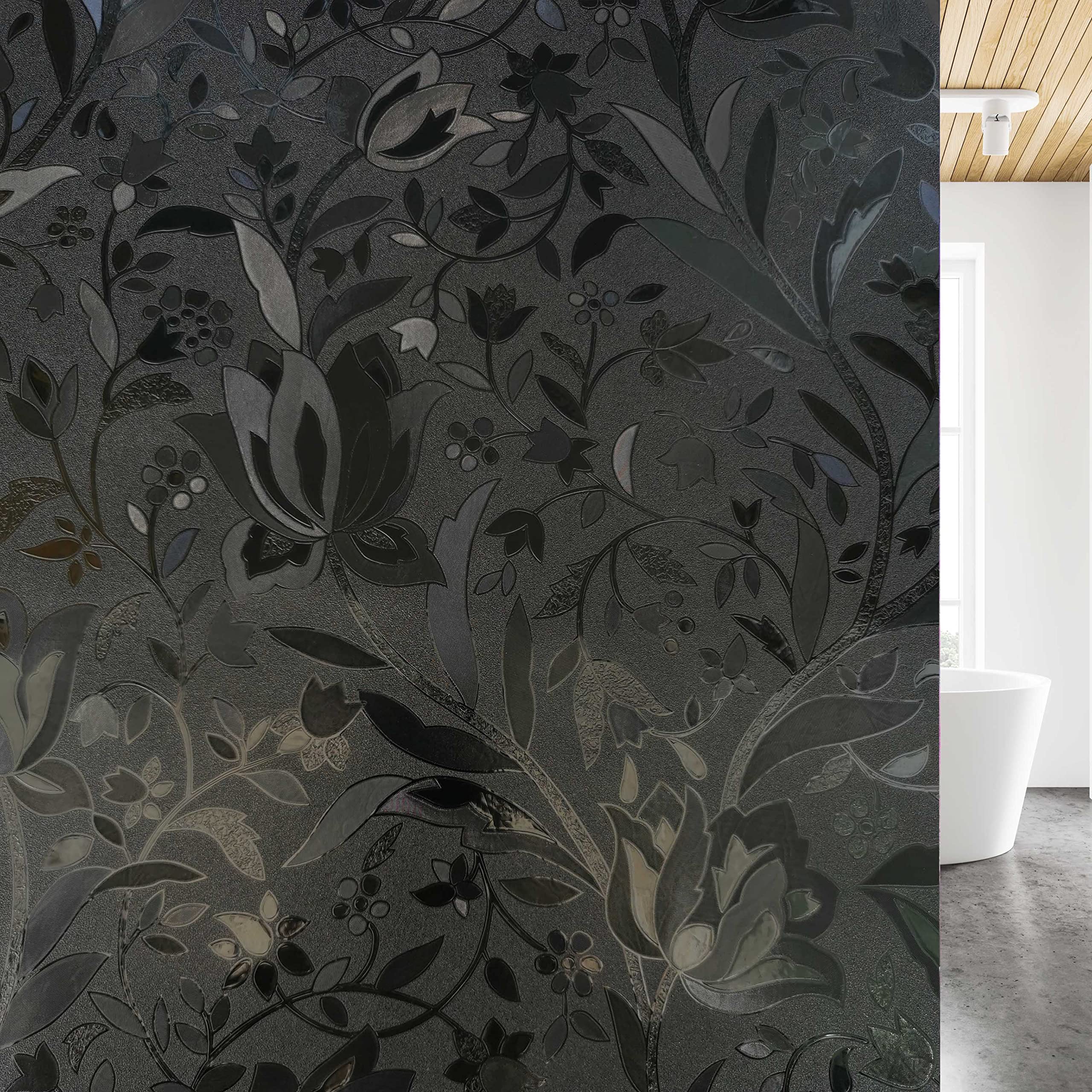 Blackout Window Film for Privacy & Light Blocking - Non-Adhesive Static Cling Vinyl with Etched Tulips Design (17.7