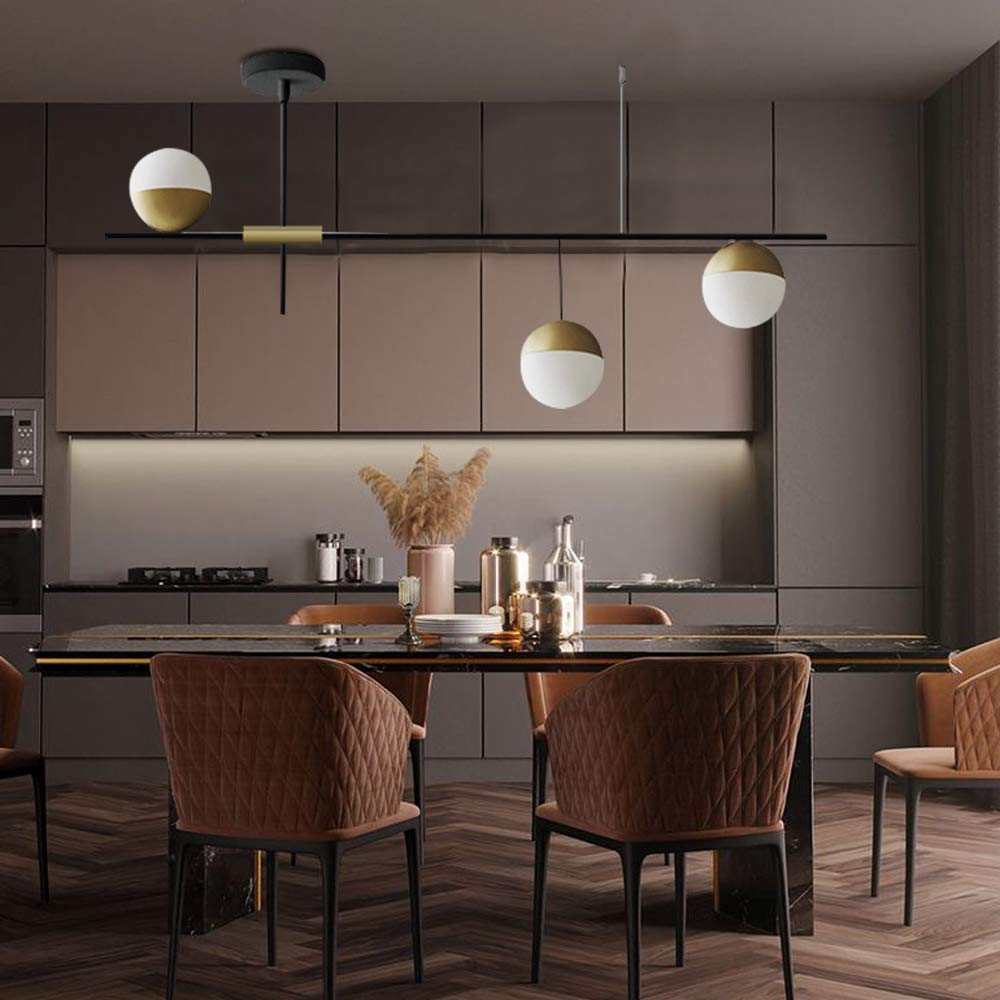 Modern 3-Light Glass Globe Chandelier - Linear Mid-Century Flush Mount Ceiling Pendant Light Fixture - Elegant Hanging Lighting for Kitchen, Dining Room, Living Room, Bedroom & Farmhouse Decor - Perfect for Dining Areas, Entryways and Open Concept Spaces