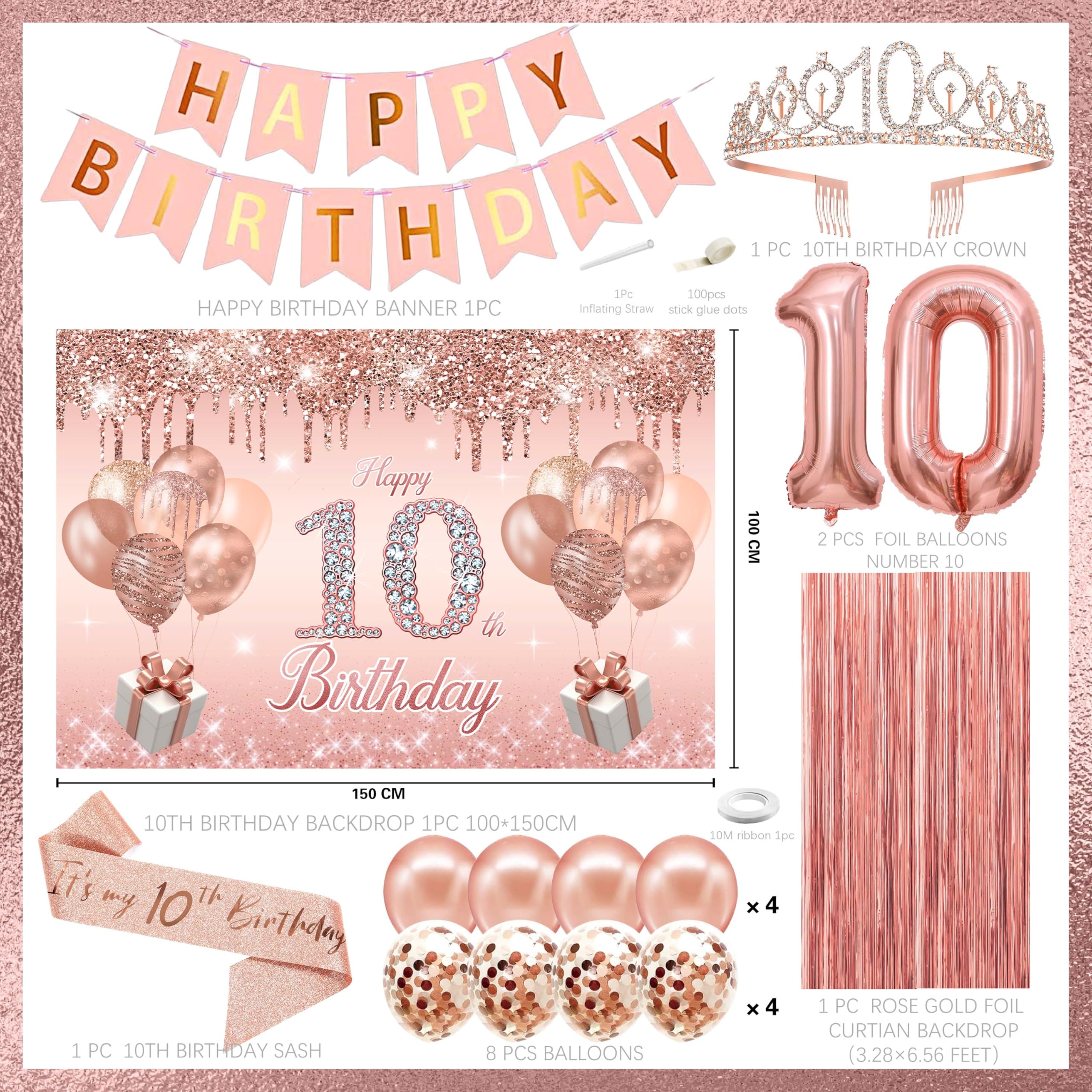 Rose Gold 10th Birthday Party Decorations Set - Happy Birthday Banner, Backdrop, Sash, Tiara & Balloons for Girls' Decade Celebration | Perfect for Birthday Parties, Photo Booths & Milestone Decor
