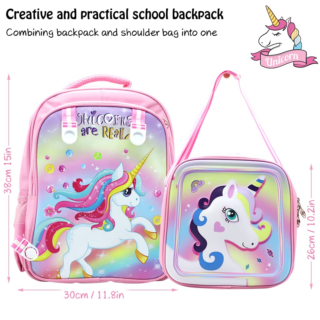 Venzina® 2 in 1 Unicorn Backpack & Messenger Bag - 16 Inch Cute Cartoon School Backpack for Girls, Kids Gift, Primary School Essentials (Pink) - Perfect for School, Travel & Daily Use
