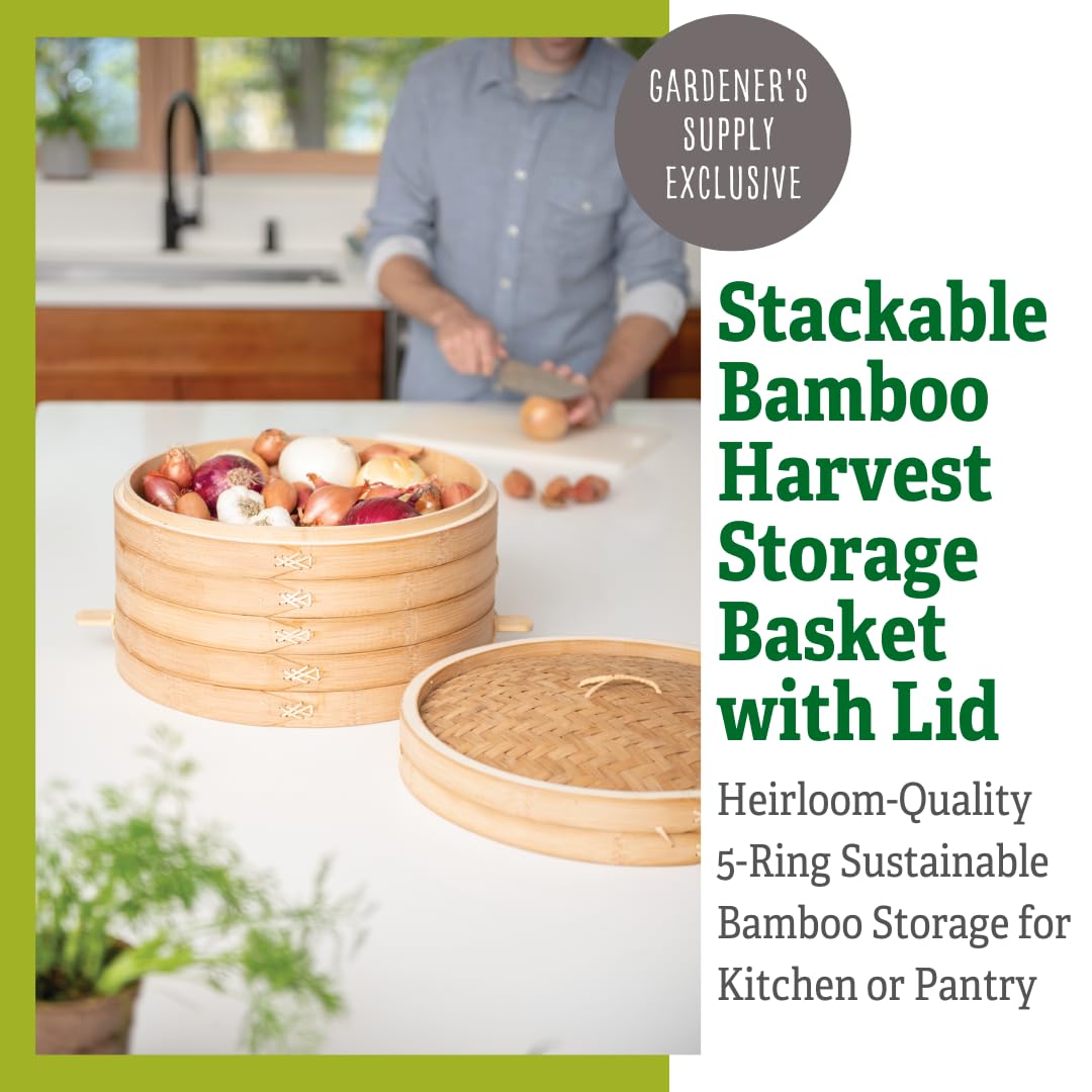 Stackable Bamboo Harvest Basket with Lid - Durable Storage for Fruits, Onions, Garlic & Root Vegetables | Perfect for Farm Stands, Farmers Markets & Kitchen Organization | Gardener's Supply Company