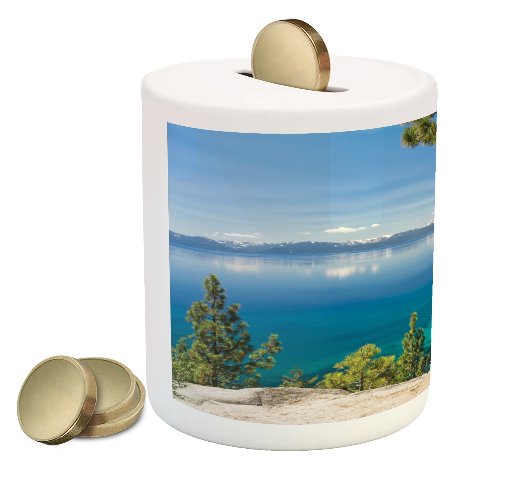 Ambesonne Ceramic Piggy Bank with Lake & Pine Trees Design - Money Saving Coin Bank for Kids & Adults - Perfect for Home Decor, Gifts & Cash Savings (Green & Blue)