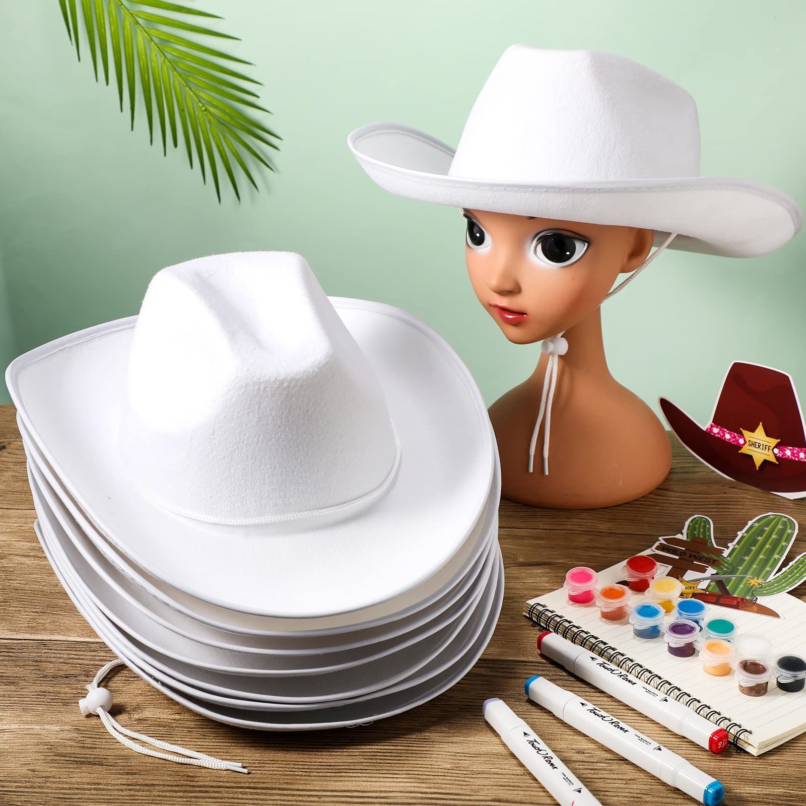 JaGely 22 Pcs White Cowboy Hat Set - Adjustable Western Cowboy Hats for Men & Women - Wide Brim Plain Cowgirl Hat with Neck Drawstring - Perfect for Costume Parties, Rodeo Events, and Western Themed Outfits