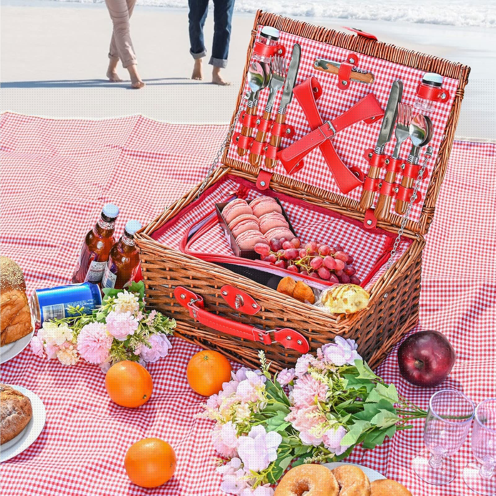 Premium Wicker Picnic Basket Set for 4 - Large Willow Hamper with Insulated Cooler, Waterproof Blanket & Cutlery Kit | Perfect for Camping, Beach, Romantic Picnics & Outdoor Adventures | Ideal for Family Gatherings, Park Dates, Holiday Getaways | Great for Picnics, BBQs, Tailgating & Beach Parties
