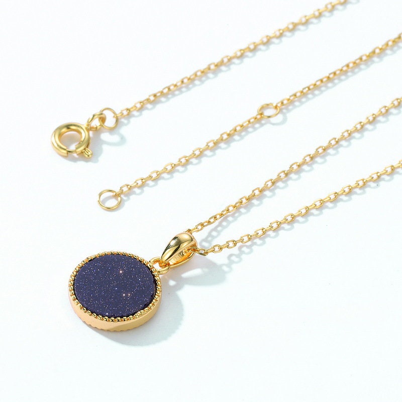 Elegant Blue Sandstone Wedding Jewelry Set - Solitaire Blue Goldstone Yellow Gold Minimalist Pendant Necklace & Stud Earrings for Brides, Engagement & Special Occasions