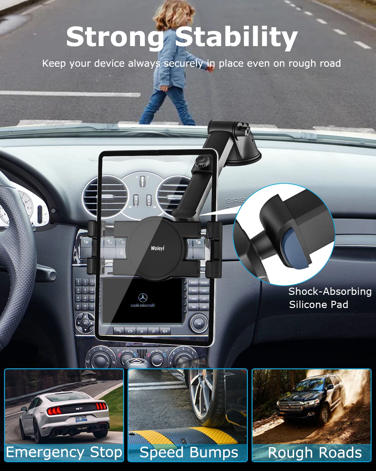 Woleyi Universal Car Dashboard & Windshield Tablet Holder - Adjustable Telescopic Arm Suction Cup Mount for iPad Pro/Air/Mini, Galaxy Tabs & 4.7-13