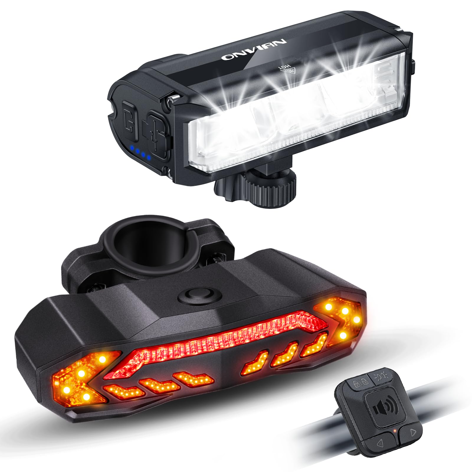 ONVIAN 2000 Lumen Rechargeable Bike Light Set - Waterproof Bicycle Headlight with Turn Signals & Alarm for Night Riding | Mountain, Road & Dirt Cycling for Adults & Kids | Perfect for Commuting, Trail Adventures & Urban Safety