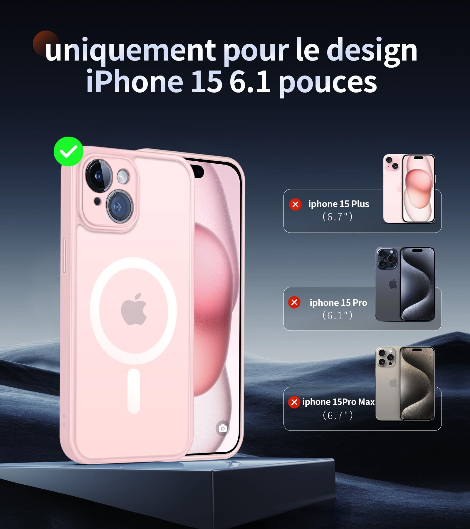Magnetic Case for iPhone 15 with 2 Tempered Glass Screen Protectors | Magsafe Compatible | Full Lens Protection | Slim Matte Translucent Shockproof Cover - Rose | Perfect for Everyday Use, Travel & Wireless Charging