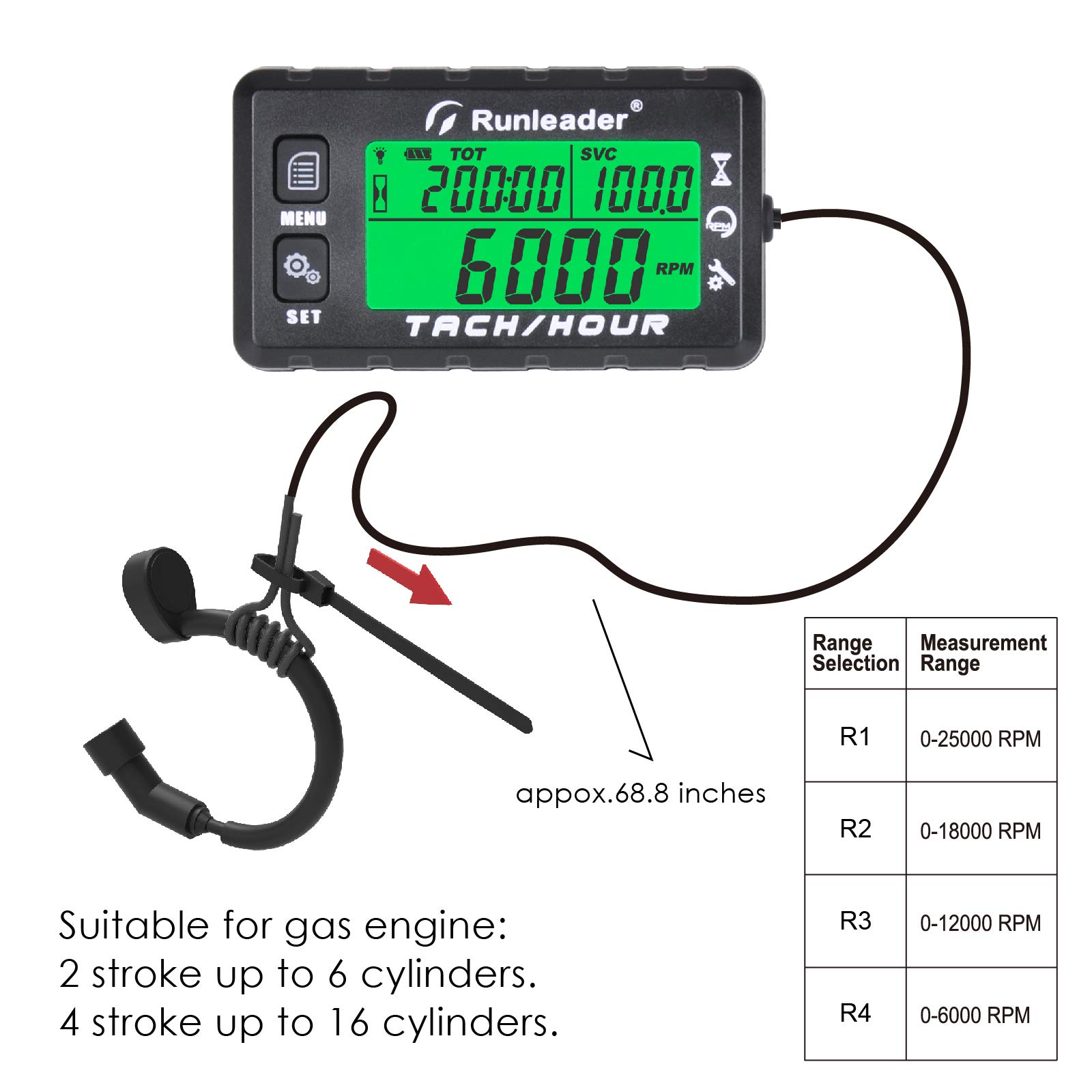 Runleader Hour Meter Tachometer with Maintenance Alert - Digital RPM Counter, Adjustable Initial Hours, Replaceable Battery - Perfect for Lawn Mowers, Generators, Marine Engines, ATVs & Gas Powered Equipment | Track Usage & Schedule Maintenance
