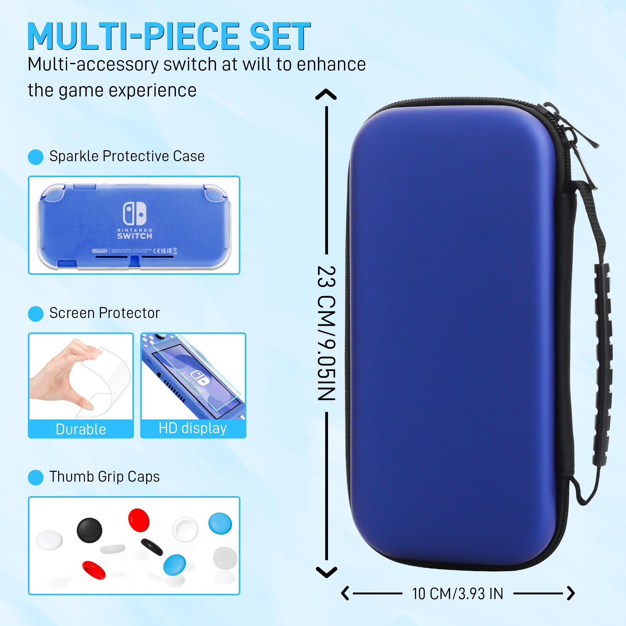 Nintendo Switch Lite Carrying Case - Shockproof Travel Bag with TPU Case Cover, Screen Protector & 10 Thumb Grips (Blue) | Portable Gaming Accessories Bundle for On-The-Go Protection